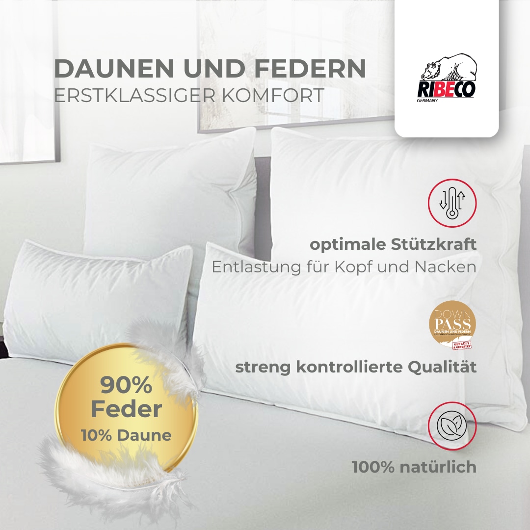RIBECO Federkissen »Johanna Kopfkissen 1-tlg. oder 2-tlg.: 40x80 cm, 80x80 cm erhältlich!« Füllung: 90Federn10Daunen Bezug: Baumwolle 1 Stk. tlg. Kissen  mit DOWNPASS zertifiziert und Made in Germany