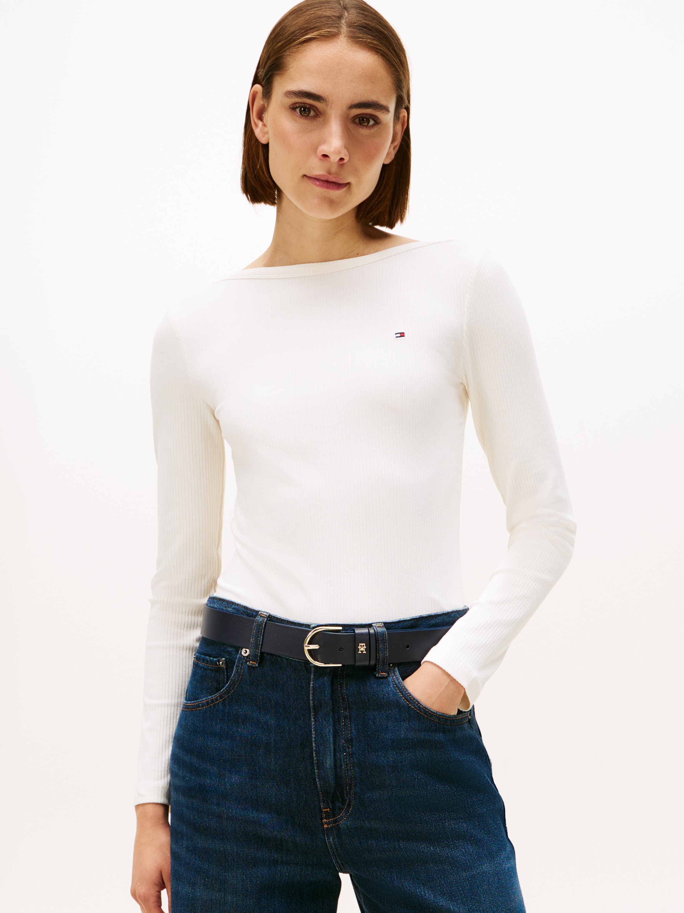 Tommy Hilfiger Langarmshirt »SLIM 5X2 RIB BOAT-NK LS mit U-Boot Ausschnitt und Rippstruktur«, unifarben, casual, slim fit, Viskosemix, U-Boot-Ausschnitt