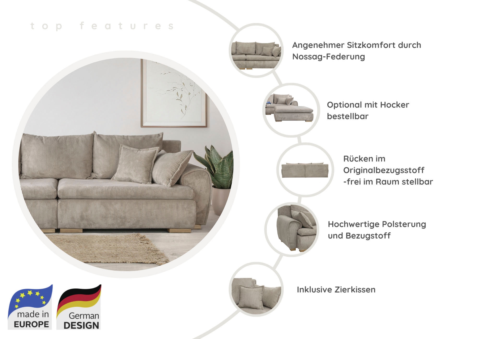 Home affaire Big-Sofa »Katja«, Breite 275 cm, Cord-Bezug