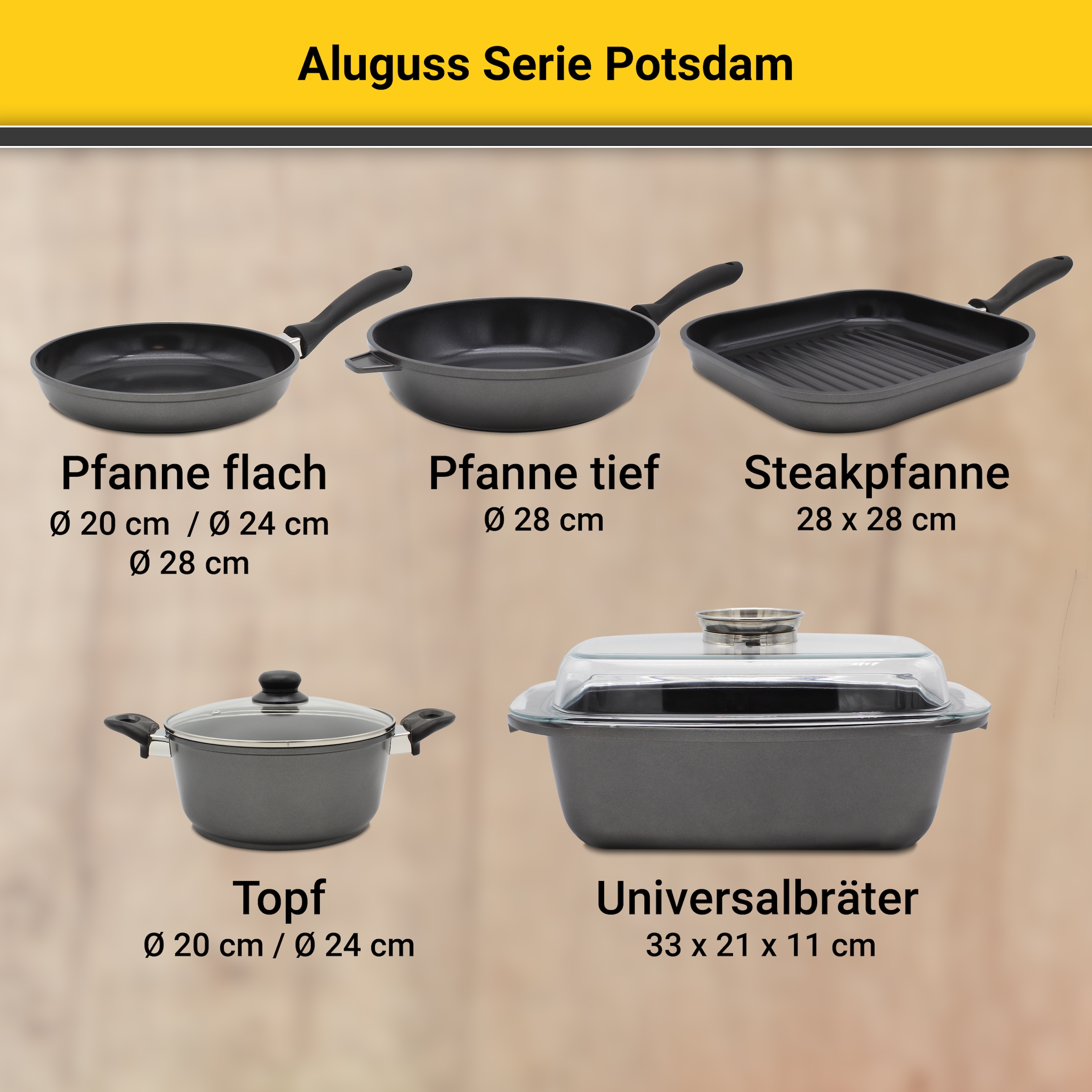 Krüger Pfannen-Set »Aluguss Pfannenset Potsdam, 2 tlg.«, Aluminiumguss, (Set, 2 tlg., 1x Bratpfanne Ø 20 cm, 1x Bratpfanne Ø 28 cm), für Induktions-Kochfelder geeignet