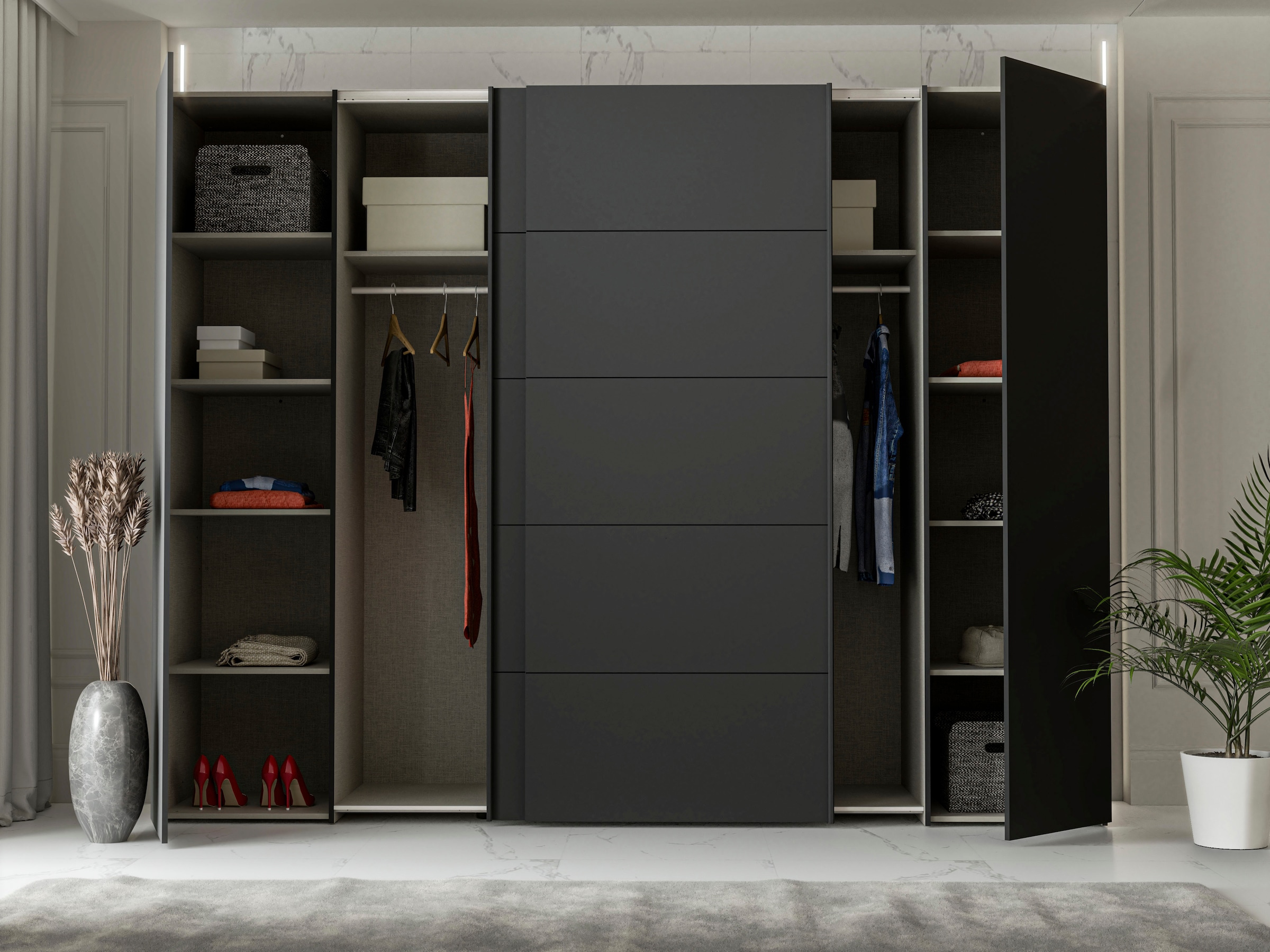 FORTE Dreh-/Schwebetürenschrank »Narago, TOPSELLER, Made in Europe, zeitloses Design«, (B/H/T ca. 270x210X61cm, Farbe Weiß auch mit Spiegeln erhältlich), viele Einlegeböden teilweise variabel einsetzbar, maximaler Stauraum