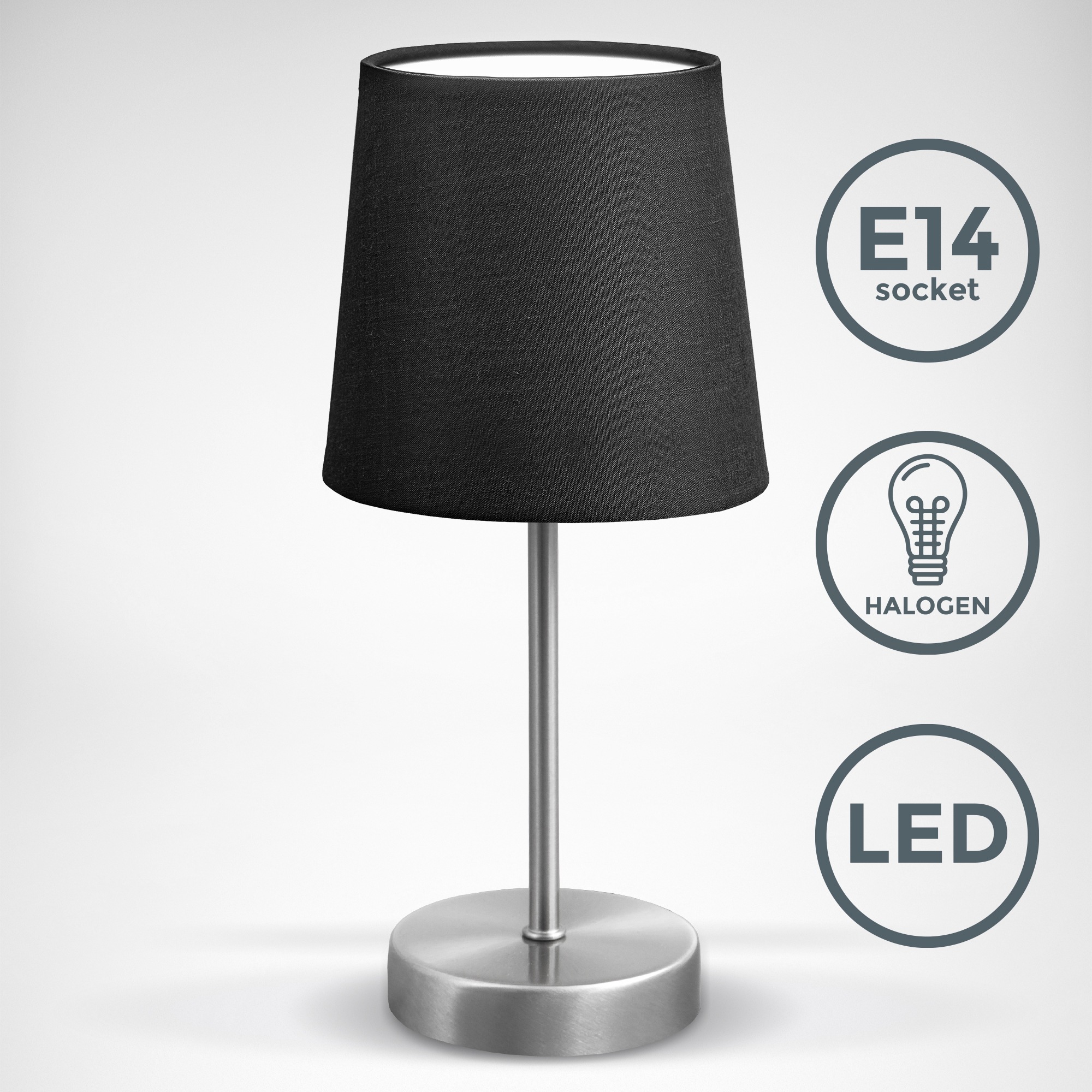 B.K.Licht Tischleuchte, 1 flammig, Leuchtmittel E14 | ohne Leuchtmittel, LED Nachttischlampe mit Schalter E14 IP20 Stoff taupe matt-nickel