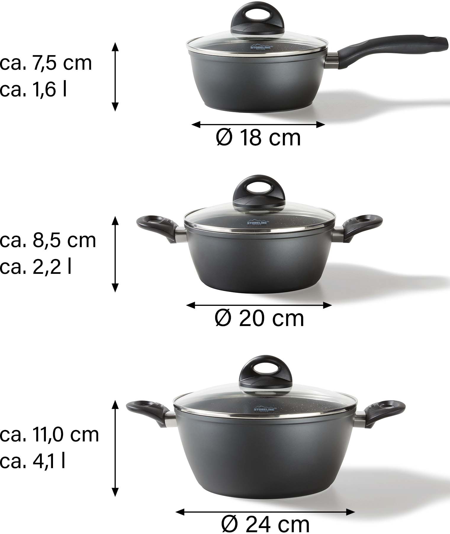 STONELINE Topf-Set »CERAMIC«, Aluminium, (Set, 6 tlg., 1x Bratentopf Ø 24 cm, 1x Kasserolle Ø 18 cm, 1x Kochtopf Ø 20 cm), Induktion