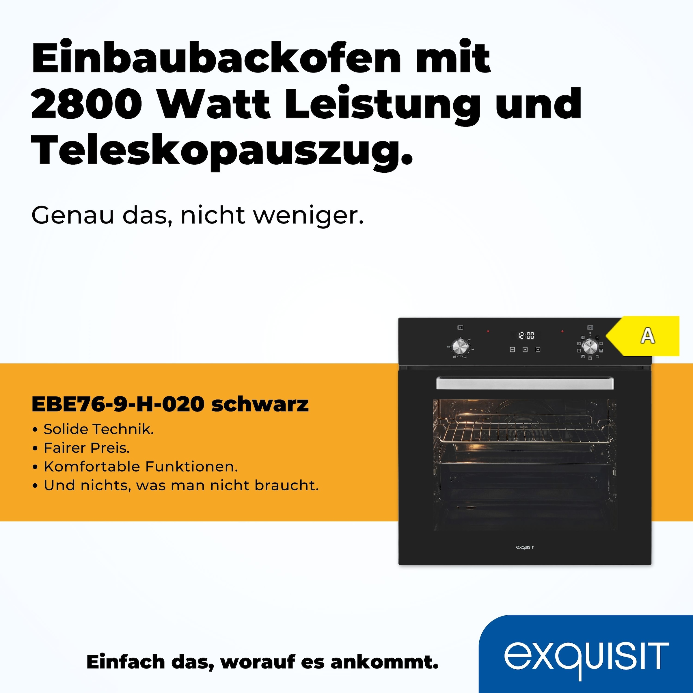 exquisit Backofen  »EBE76-9-H-020 schwarz«, mit 1-fach-Teleskopauszug