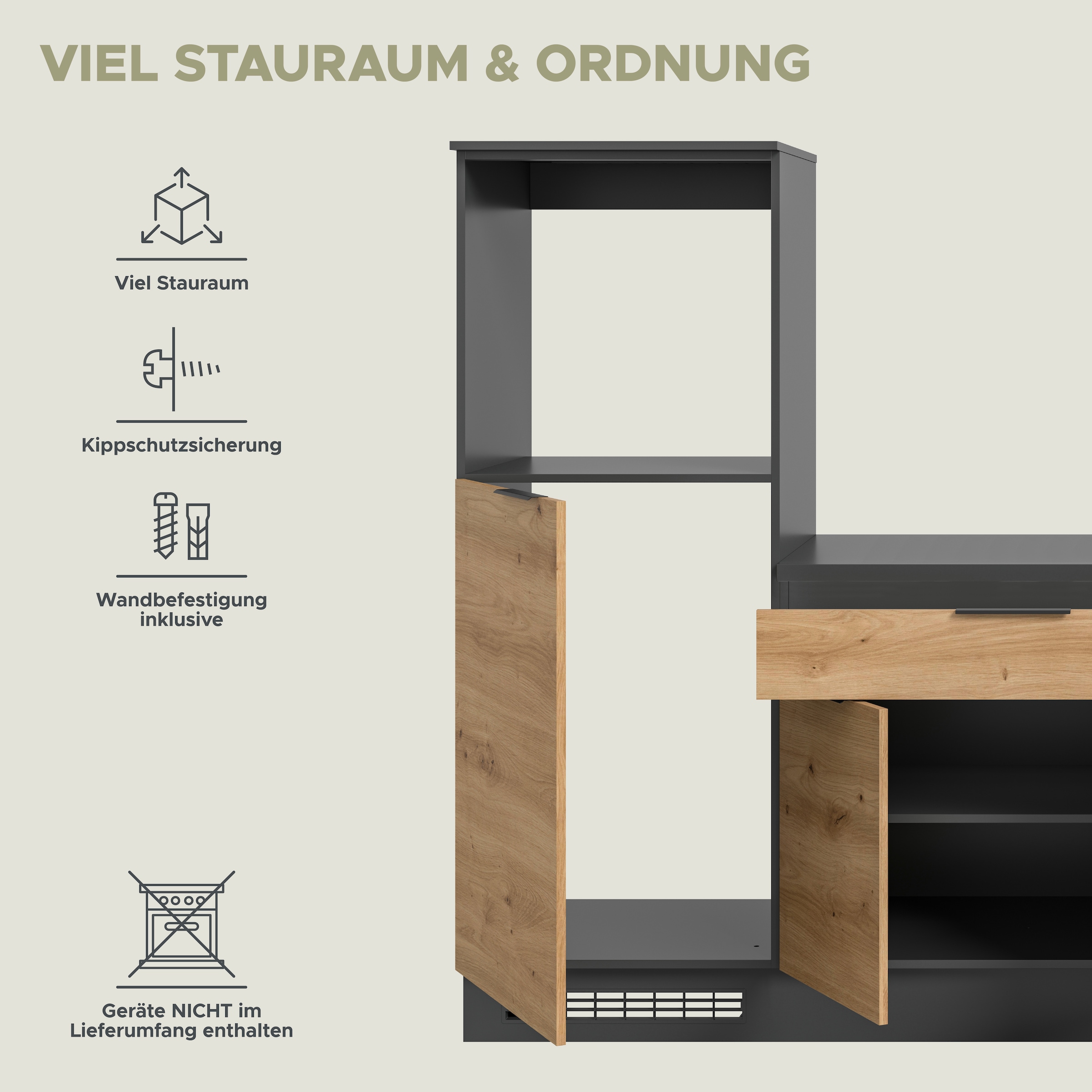 KOCHSTATION Küchenzeile »KS-Lulea«, Breite 260 cm, ohne E-Geräte, mit 3 cm starker Arbeitsplatte