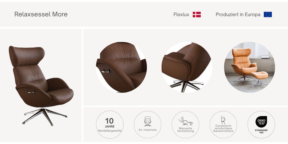 FLEXLUX Relaxsessel »Relaxchairs More«, Premium Komfort, Rücken- & Kopfteilverstellung, drehbar, Fuß schwarz