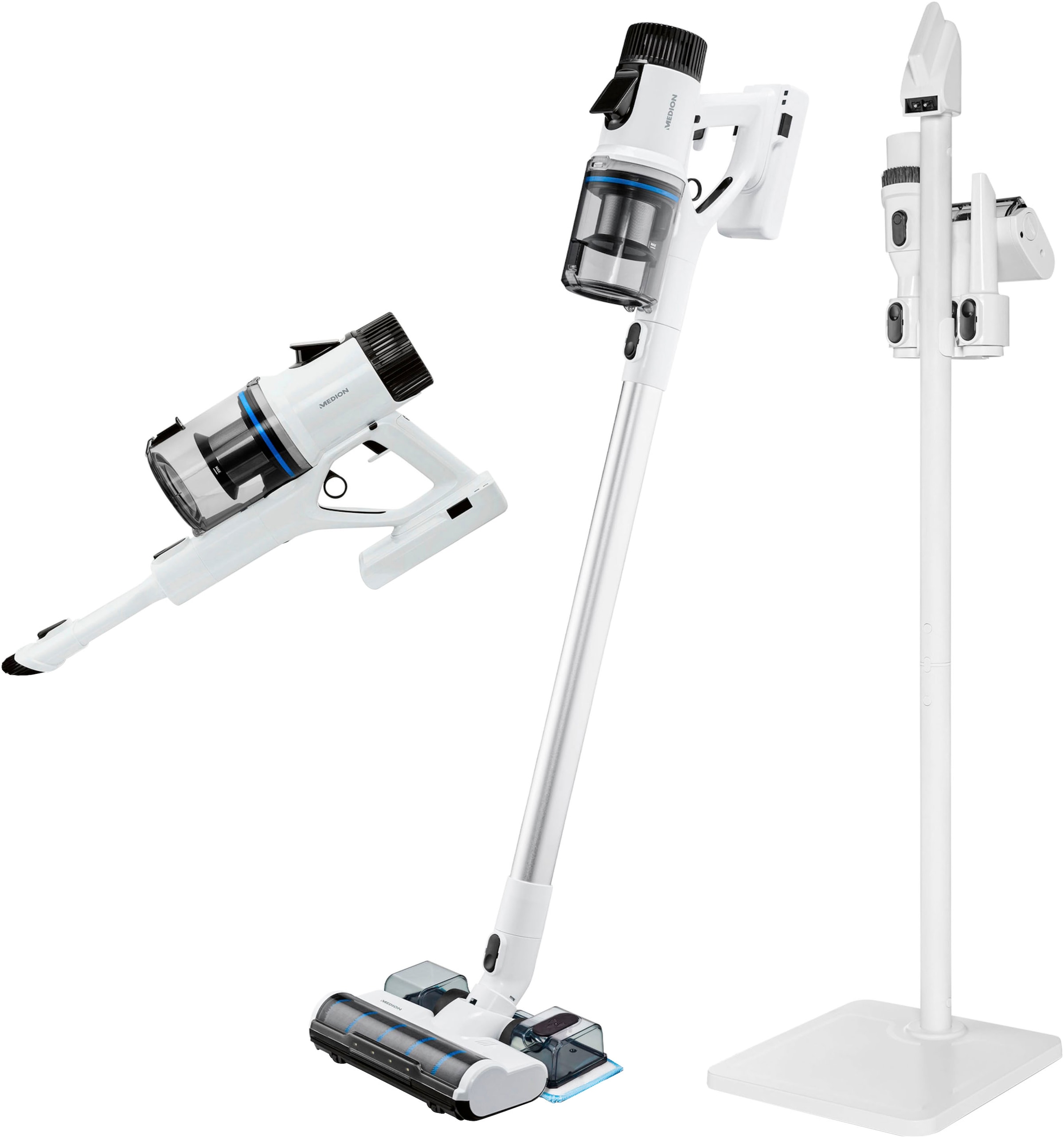 Medion® Akku-Stielstaubsauger »P400 W (MD 12051), beutellose Zyklon-Technologie, 26 kPa Saugleistung«, LED-Touch-Display, Staubsensor, integriertes Zubehör und Ladestation