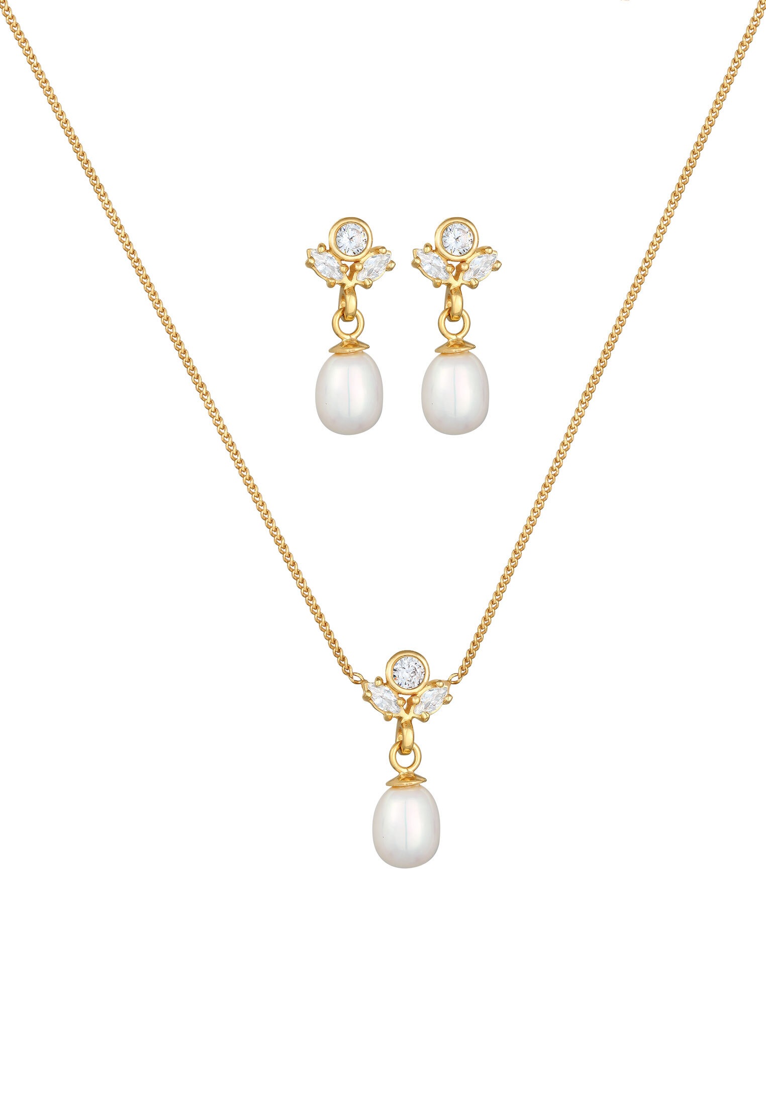 Elli Premium Ohrring und Ketten Set »Schmuckset Süßwasserperlen Zirkonia Set 925 Silber vergoldet«