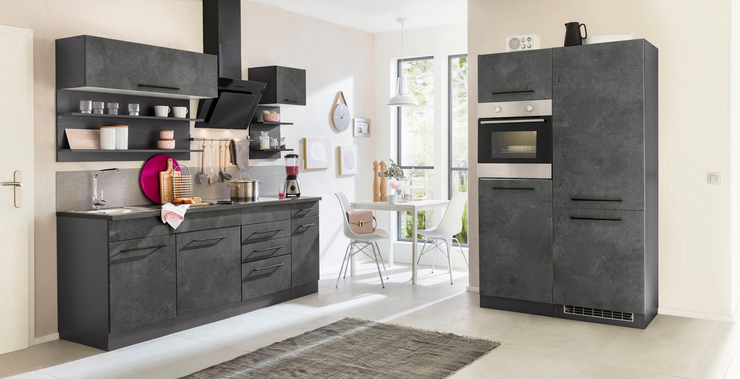 KOCHSTATION Küchenzeile »KS-Tulsa«, ohne E-Geräte, Breite 330 cm, schwarze Metallgriffe, MDF Fronten
