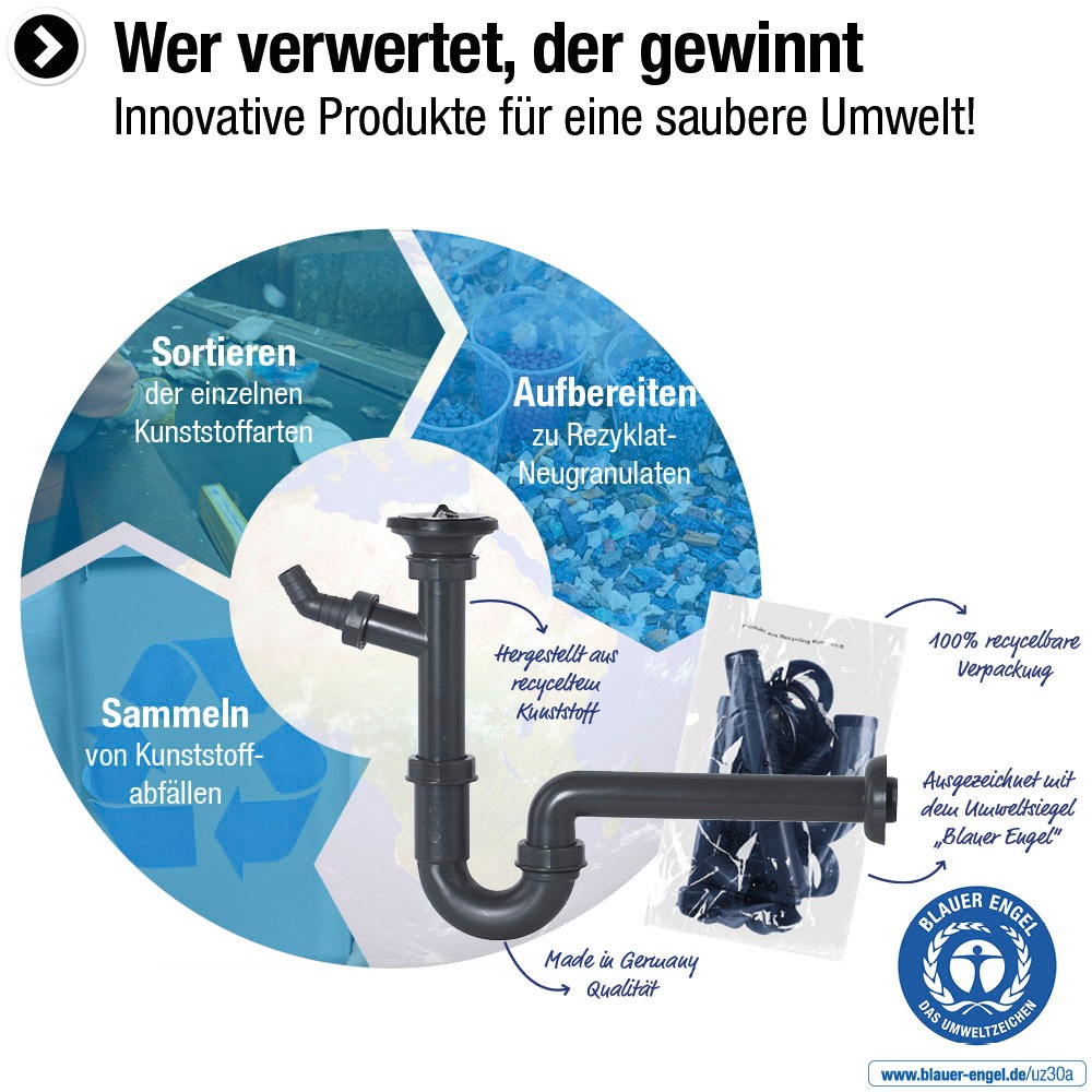 CORNAT Siphon »1 1/4 Zoll x 32 mm - Mit Geräteanschluss & Ablaufventil« Hergestellt aus recycelten Kunststoffen - Made in Germany Qualität