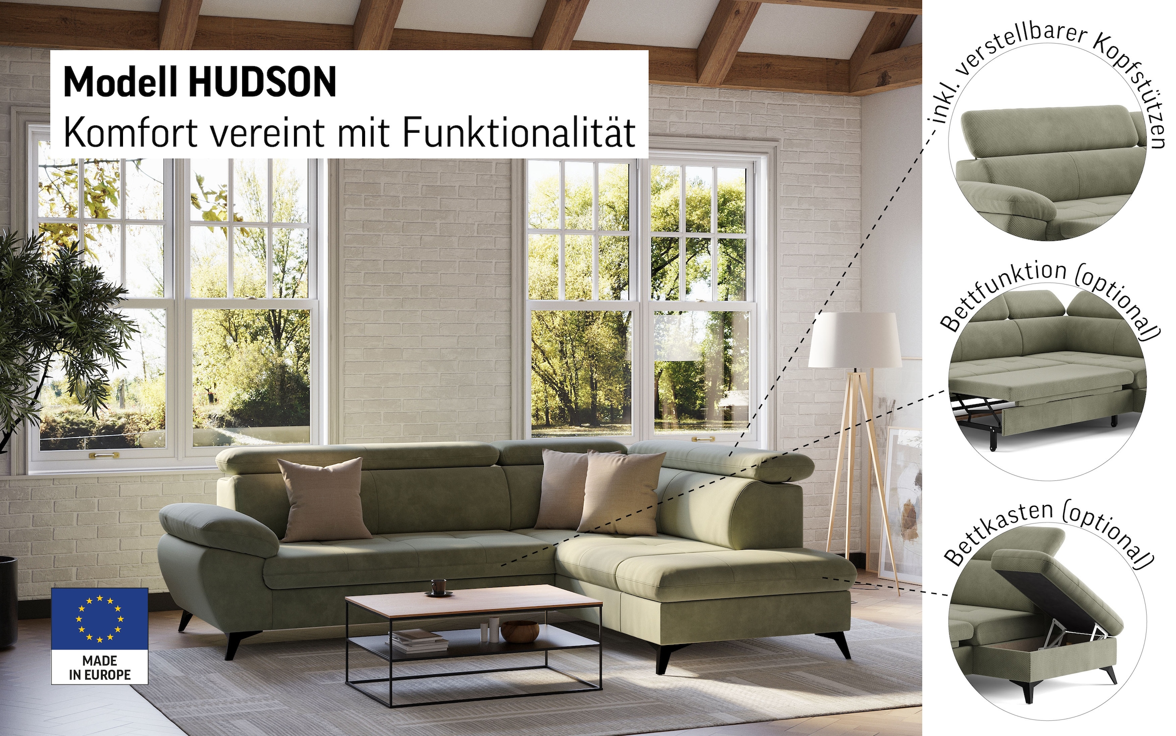 COTTA Ecksofa »Hudson L-Form, B: 256 cm« mit Kopfteilverstellung, optional Bettfunktion & Bettkasten
