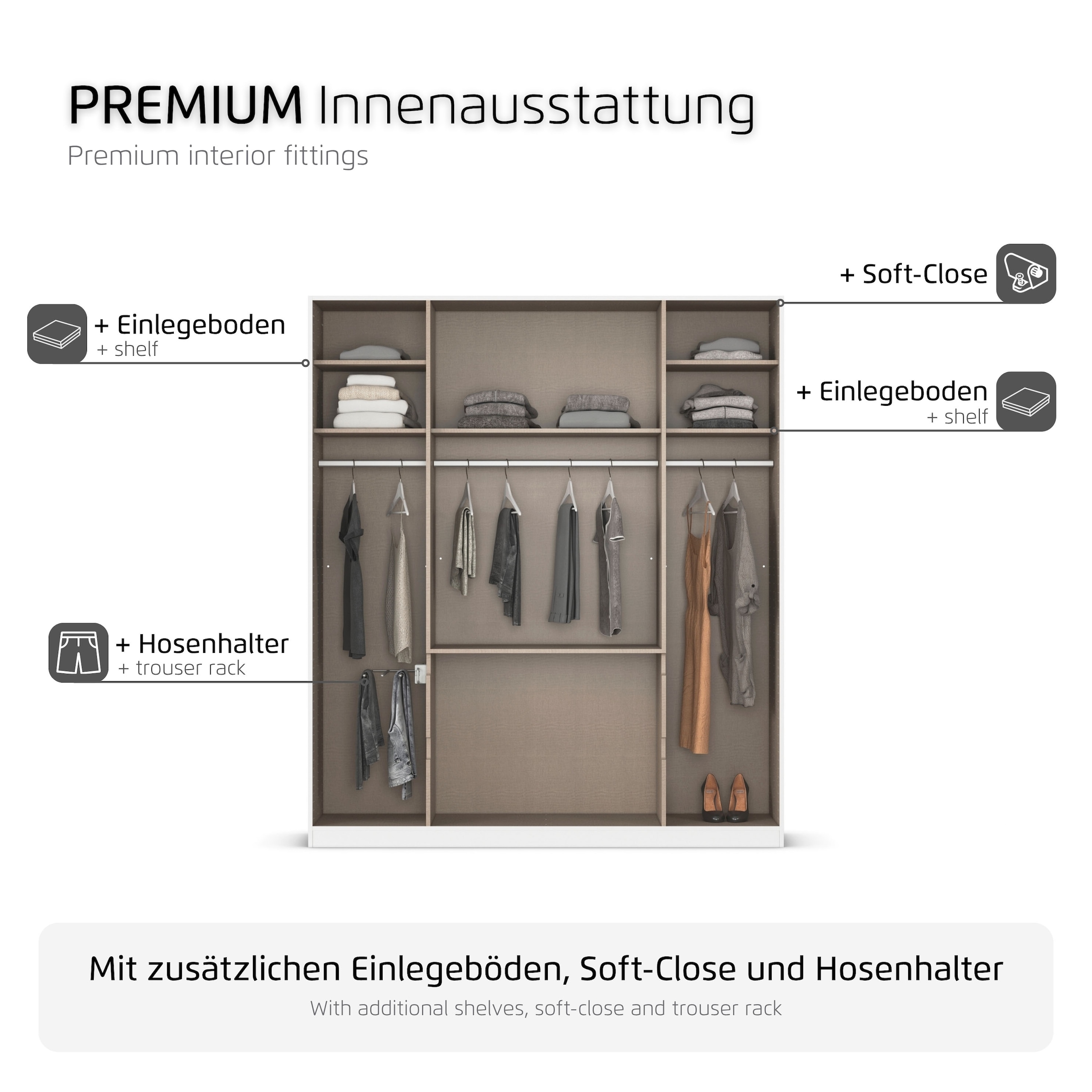 rauch Drehtürenschrank »Schrank Garderobe MAINZ Breiten 91/136/181/226/271/315/360, Höhe 210cm« 3 verschiedene Ausstattungen BASIC/CLASSIC/PREMIUM (inkl. SOFT-CLOSE),  grifflose Front, Außentüren mit Push-to-Open Funktion MADE IN GERMANY