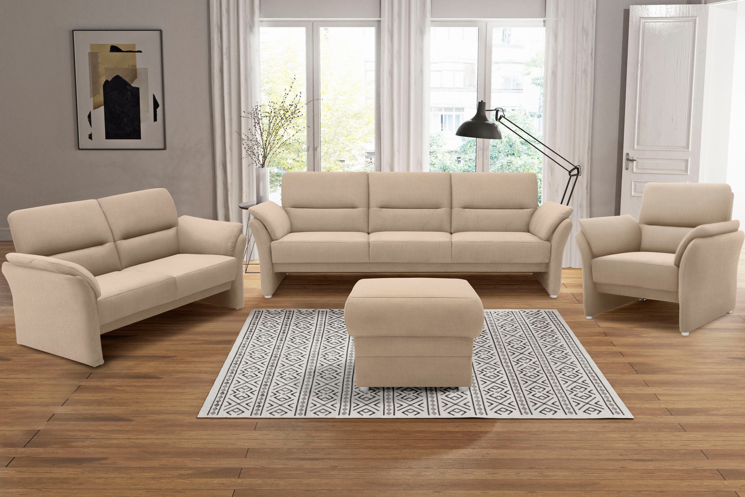 DOMO collection 3-Sitzer »Pina, schmale Armlehnen, mit Federkern, kompakt & elegant«, Hoher Sitzkomfort, Luxus-Microfaser weich, sand, Breite 219 cm