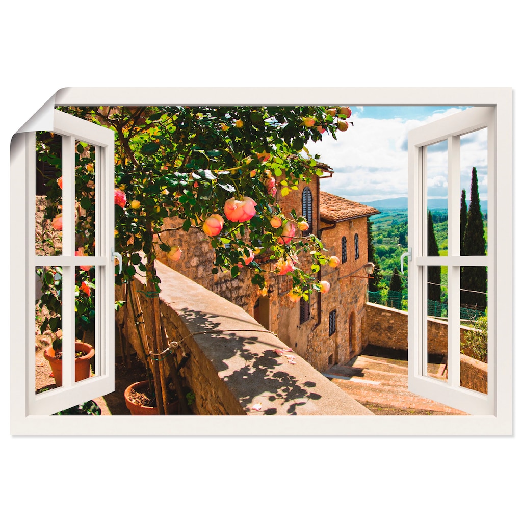 Artland Wandbild »Fensterblick Rosen auf Balkon Toskana«, Garten, (1 St.)