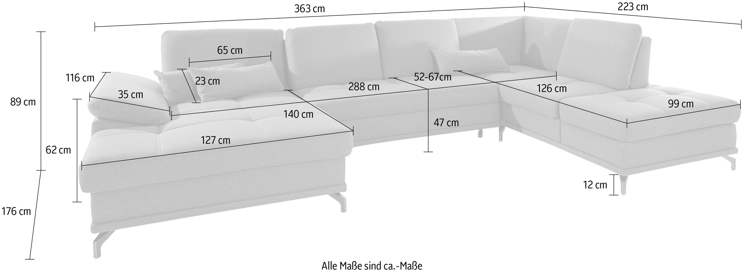 Places of Style Wohnlandschaft »Costello U-Form, mit Sitztiefenverstellung, Armteilverstellung und«, 3 Nierenkissen, optional Bettfunktion und Bettkasten