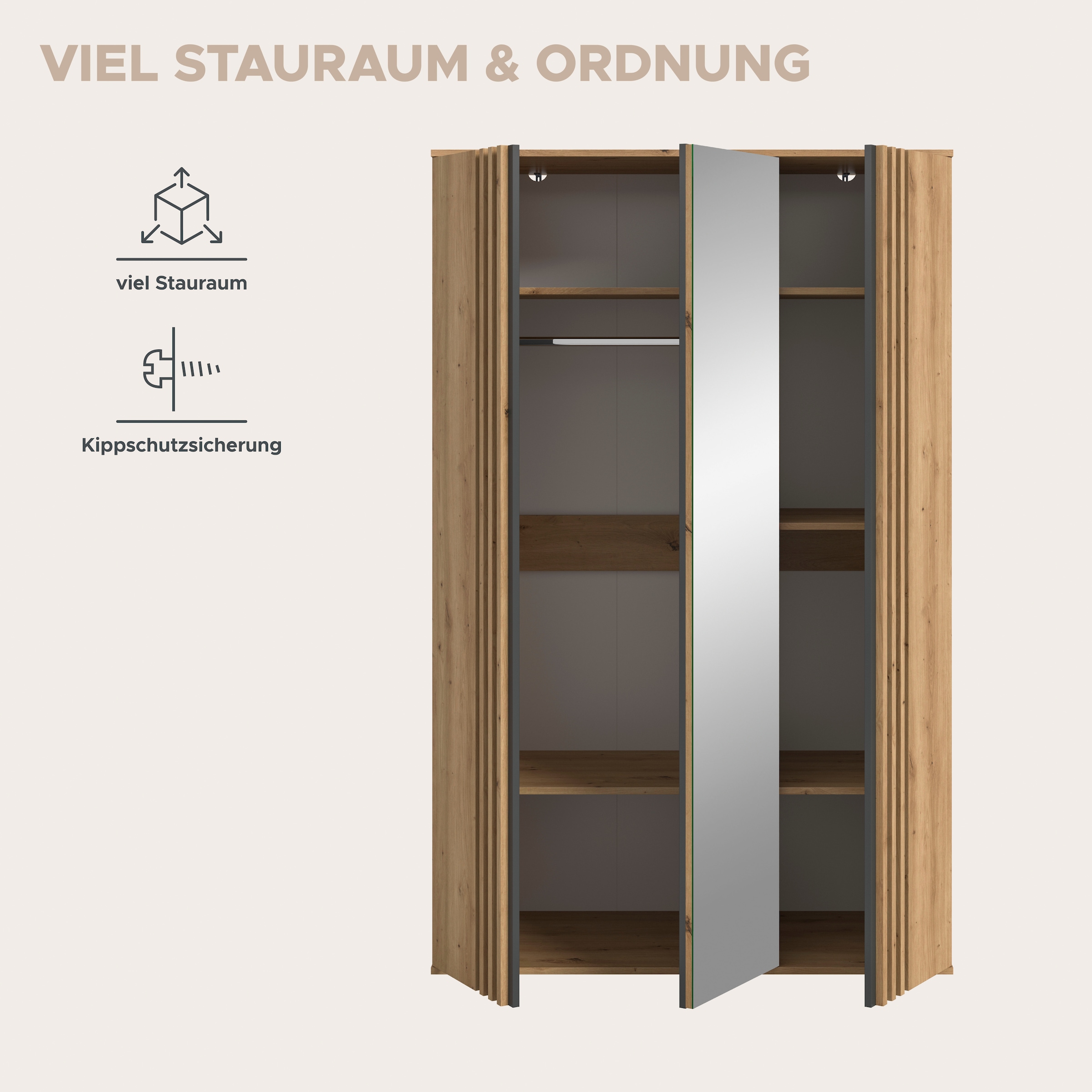 Home affaire Kleiderschrank »ALVA, Breite 120 cm, mit griffloser Front in Paneeloptik, Schrank« Schlafzimmerschrank in weiteren Ausführungen erhältlich,  3 Türen, davon 1 Spiegeltür, 1 Kleiderstange, 5 Einlegeböden