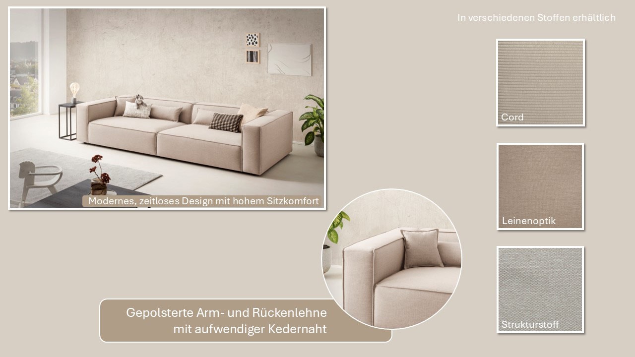 LeGer Home by Lena Gercke 3-Sitzer »PIARA, XXL Sofa mit Kedernaht, Big-Sofa in Cord oder Leinenoptik«, schwarze Füße, bequemer Sitzkomfort, extra tiefe Sitzfläche