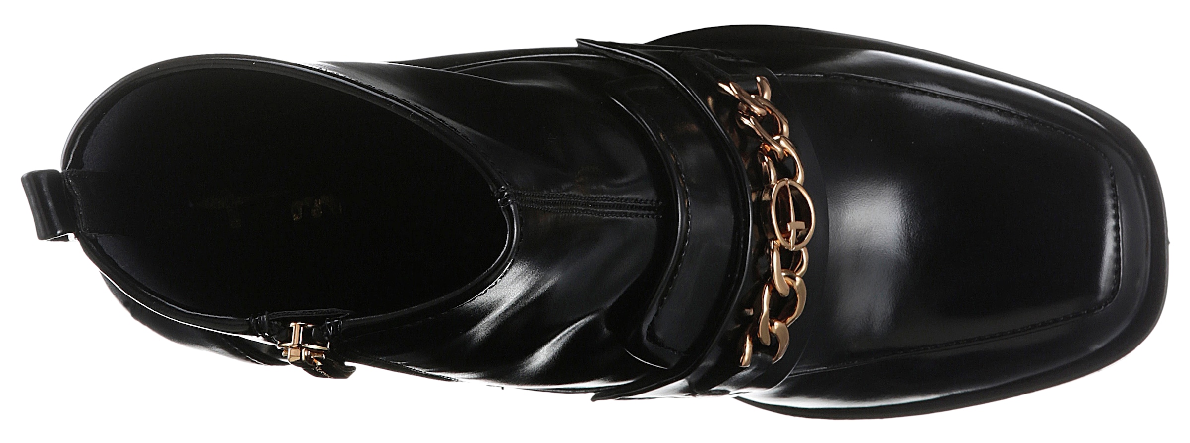 Tamaris Stiefelette, Blockabsatz, Partyschuh mit eleganter Zierkette und Logoemblem