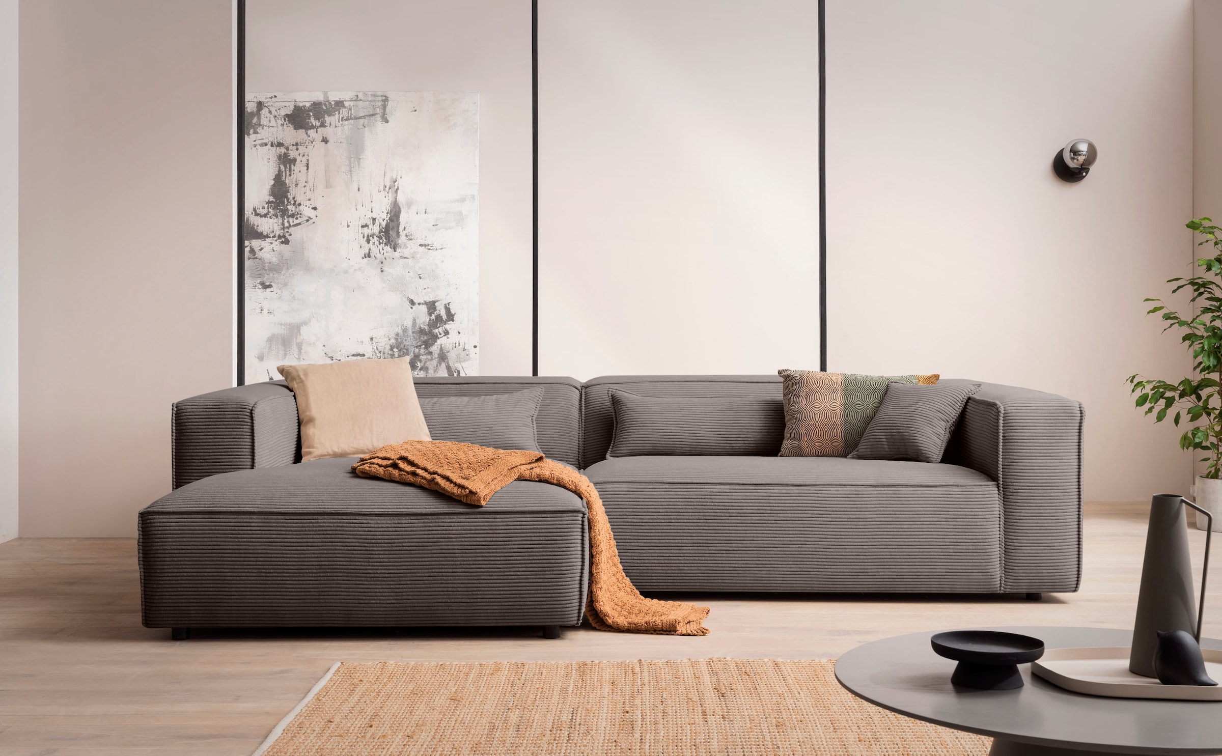 LeGer Home by Lena Gercke Ecksofa »PIARA XXL, Big-Sofa in Cord oder Leinenoptik, L-Form, mit Kedernaht«, wahlweise Ottomane rechts/links, schwarze Füße, bequemer Sitzkomfort