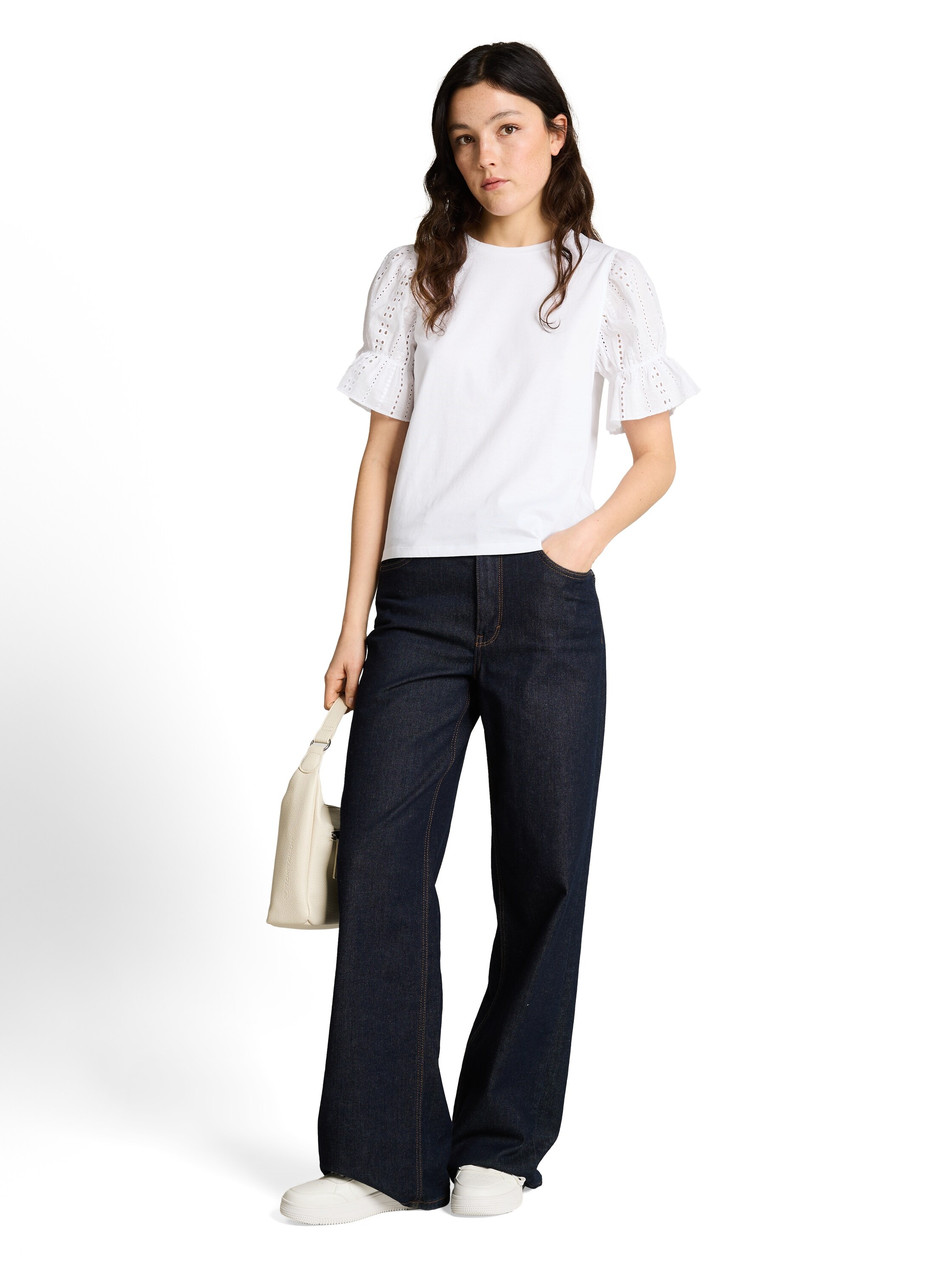 TOM TAILOR Denim Rundhalsshirt Sommershirt mit Häkel-Ärmel