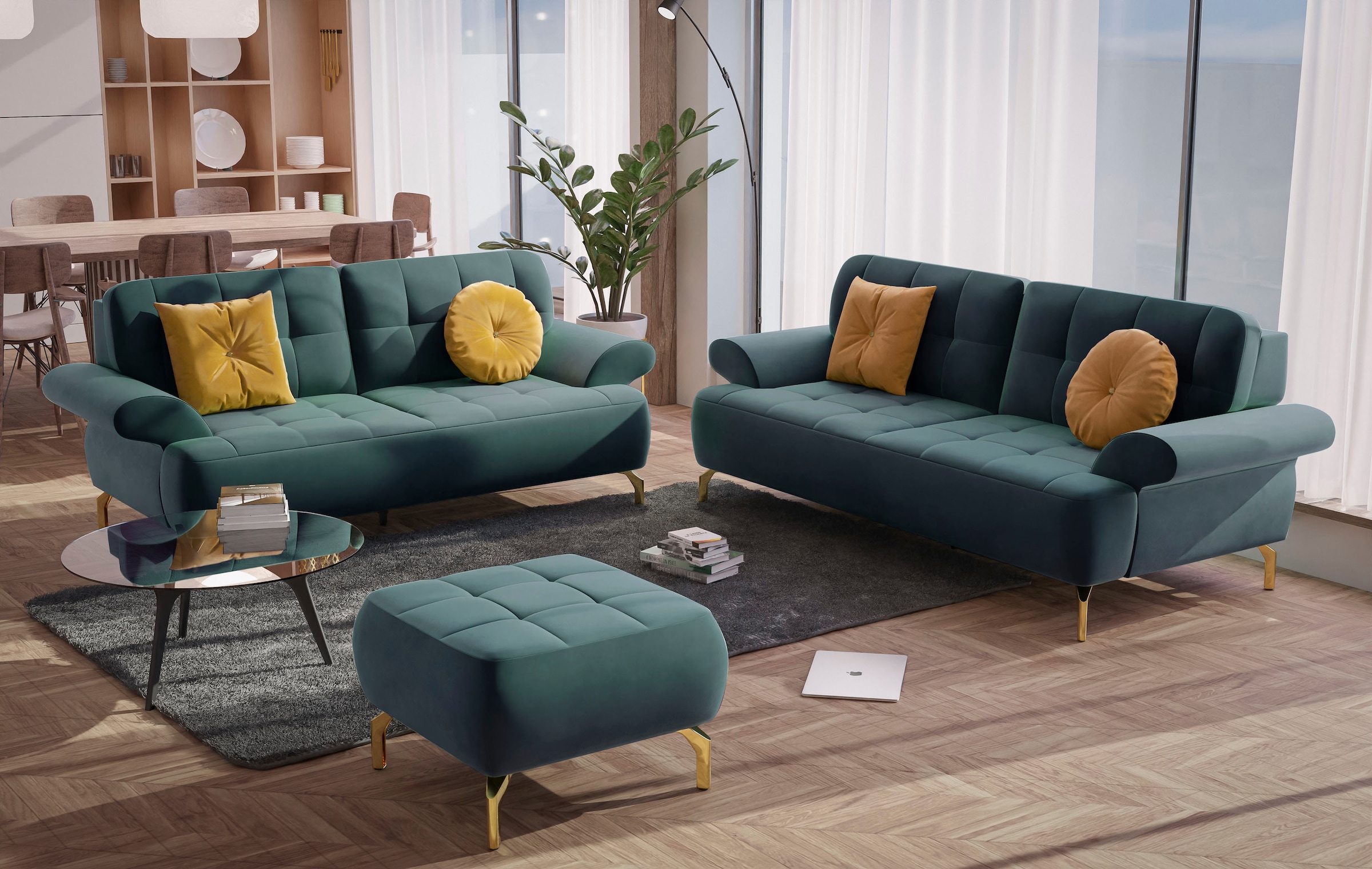 sit&more 2,5-Sitzer »Orient 1«, inkl. 2 Zierkissen mit Strass-Stein, goldfarbene Metallfüße