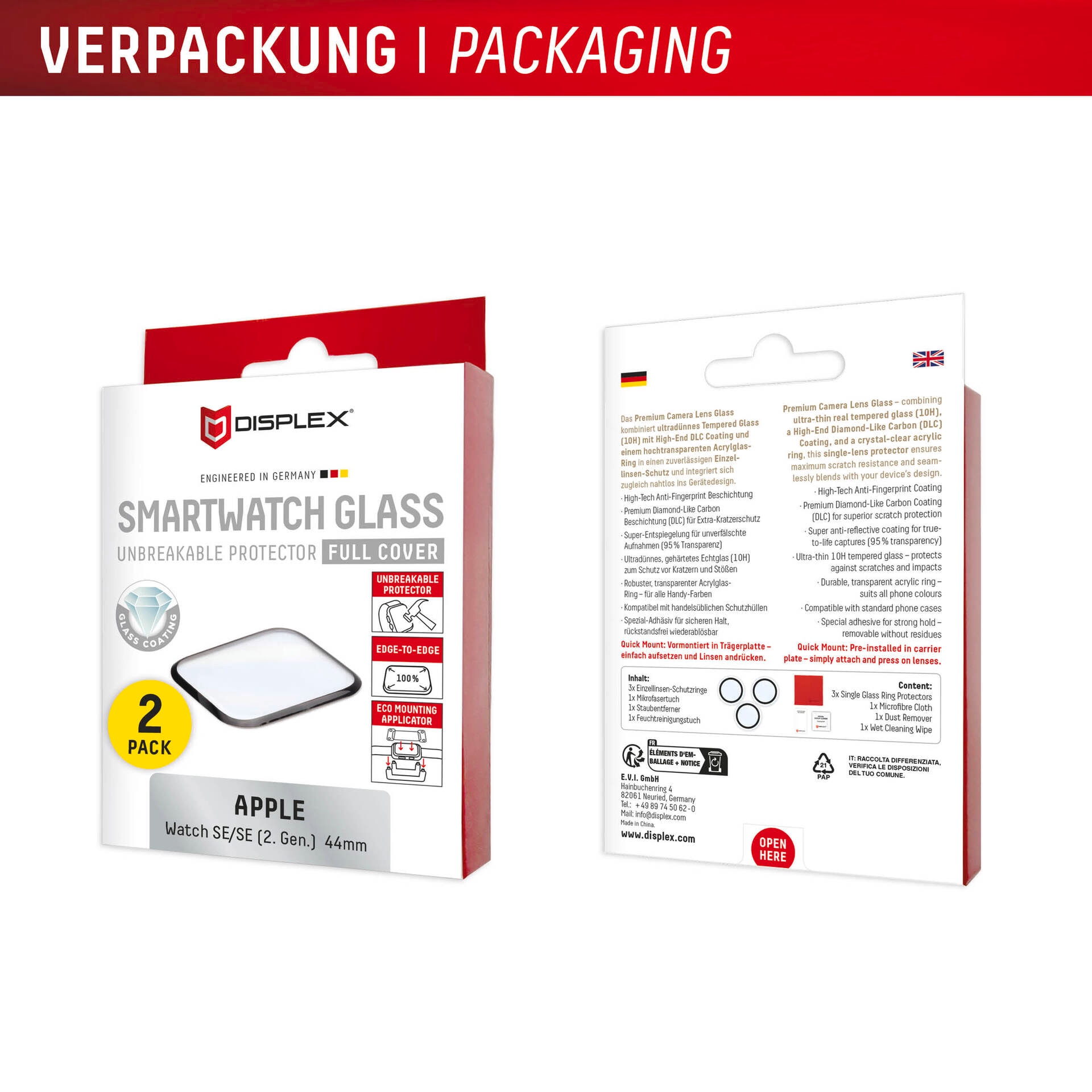 Displex Displayschutzglas »Smartwatch Glass Unbreakable Protector Full Cover«, für Apple Watch SE(2) 44 mm, (Packung, 2x Acrylglas Protector), Displayschutzfolie, Schutzfolie, Bildschirmschutz, kratz- & stoßfest