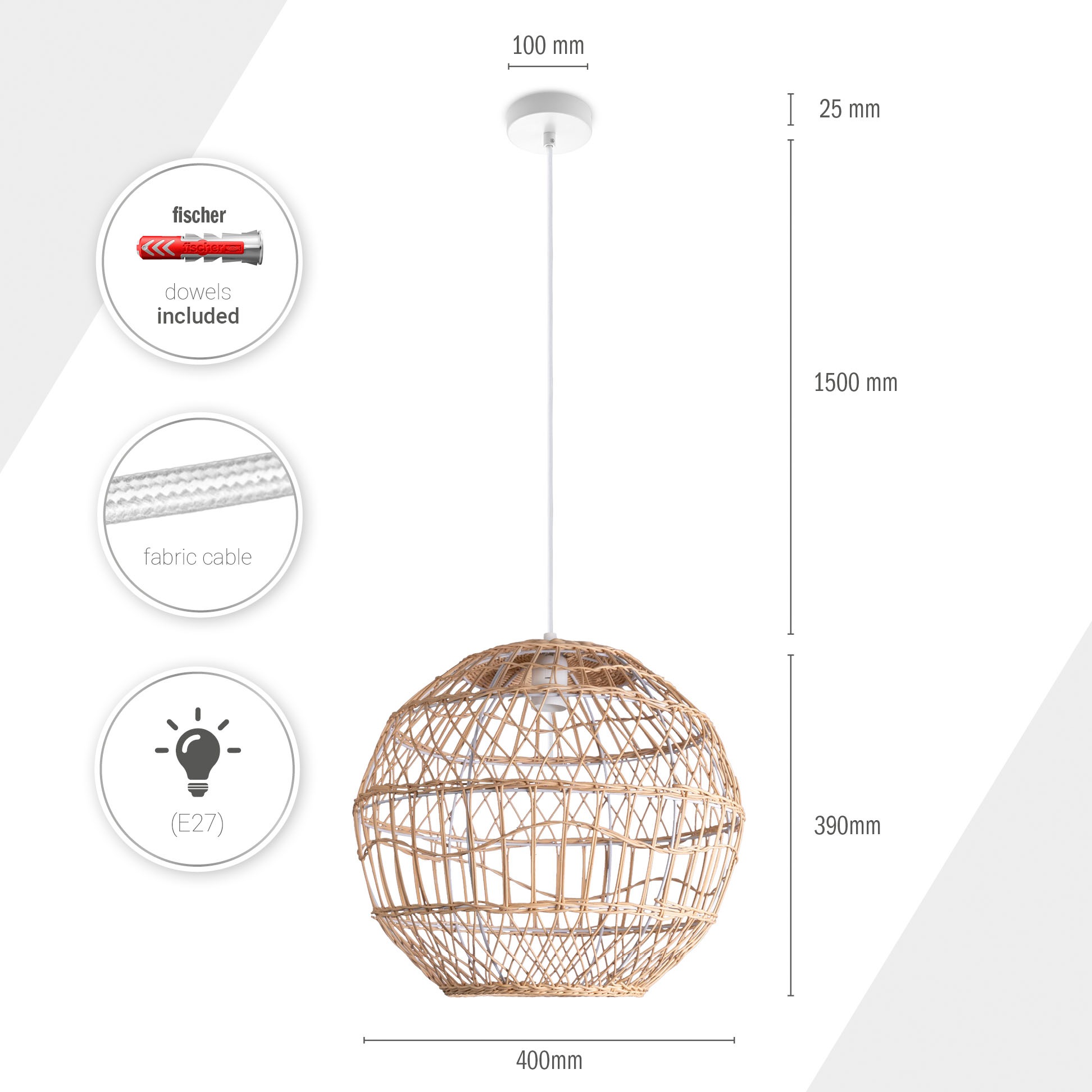 Paco Home Pendelleuchte »MAITE«, Leuchtmittel E27 | ohne Leuchtmittel, Rattan Hängeleuchte Korblampe Rund E27 Boho Stil Modern Wohnzimmer