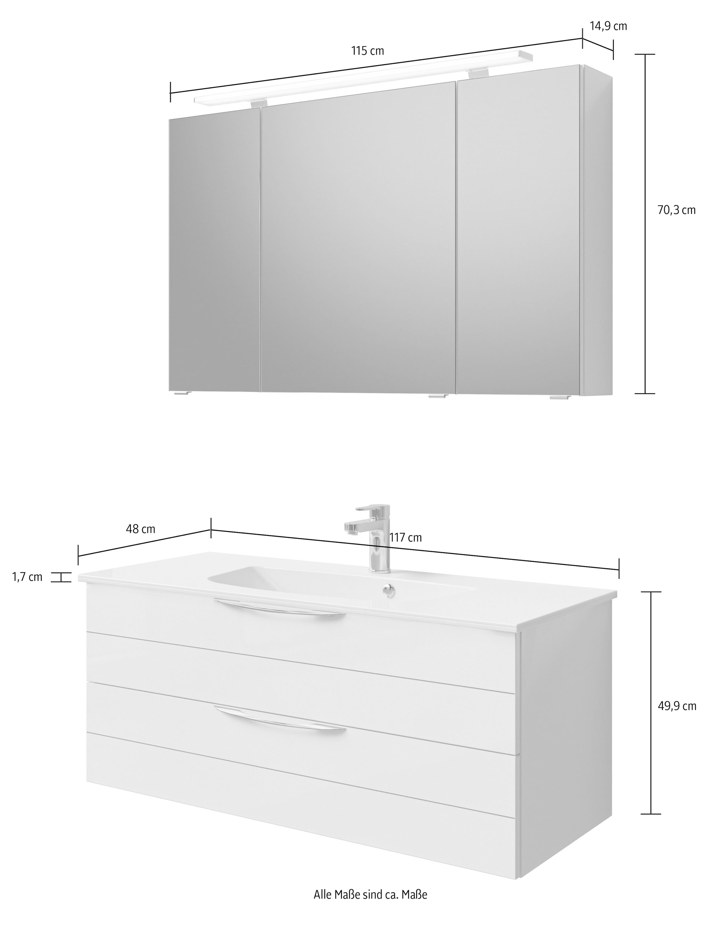 Saphir Badmöbel-Set »Serie 6025 2-teilig Mineralmarmor-Waschtisch mit LED-Spiegelschrank«, (2 St.), Waschplatz 117cm breit, 2 Schubladen, 3 Spiegel-Türen, inkl Türdämpfer