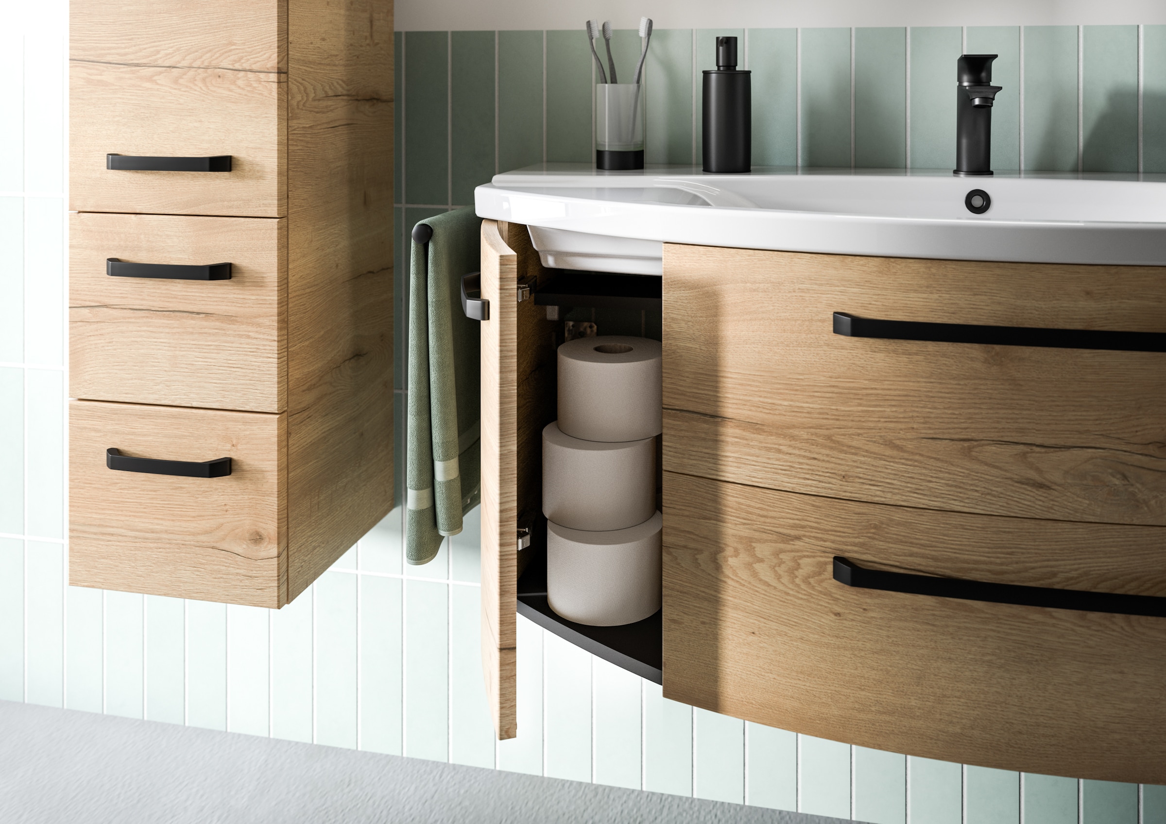Saphir Badmöbel-Set »Serie 4010 4-teilig Keramik-Waschtisch mit LED-Spiegelschrank«, (Set), Badezimmer Set mit Unterschrank, Midischrank, inkl. Türdämpfer