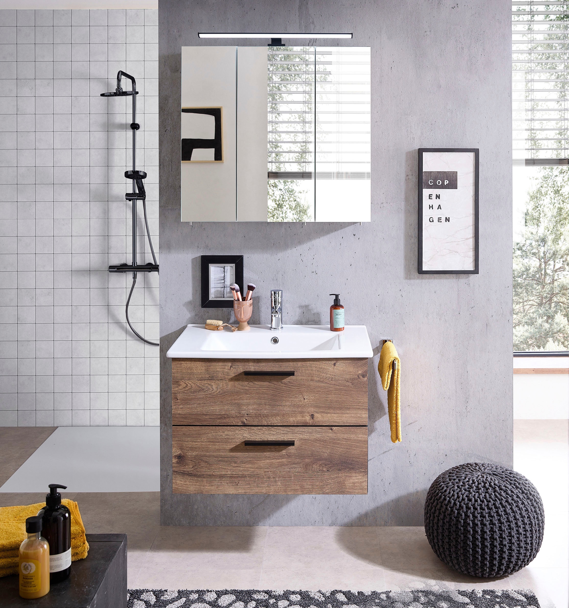 Saphir Badmöbel-Set »Quickset 374 Keramik-Waschtisch mit LED-Spiegelschrank, 75 cm breit«, (2 St.), Waschplatz, 2 Schubladen, 3 Türen, Eiche Ribbeck quer Nachbildung