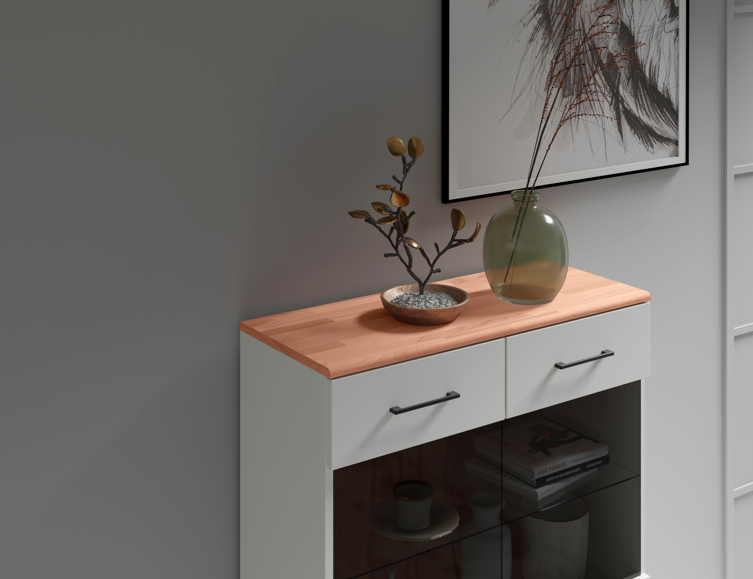 Home affaire Stauraumvitrine »Ribe,125cm hoch,112cm breit,4 breite Fächer«, Oberplatte Kernbuche massiv,dunkles Glas, schwarze Metall Griffe