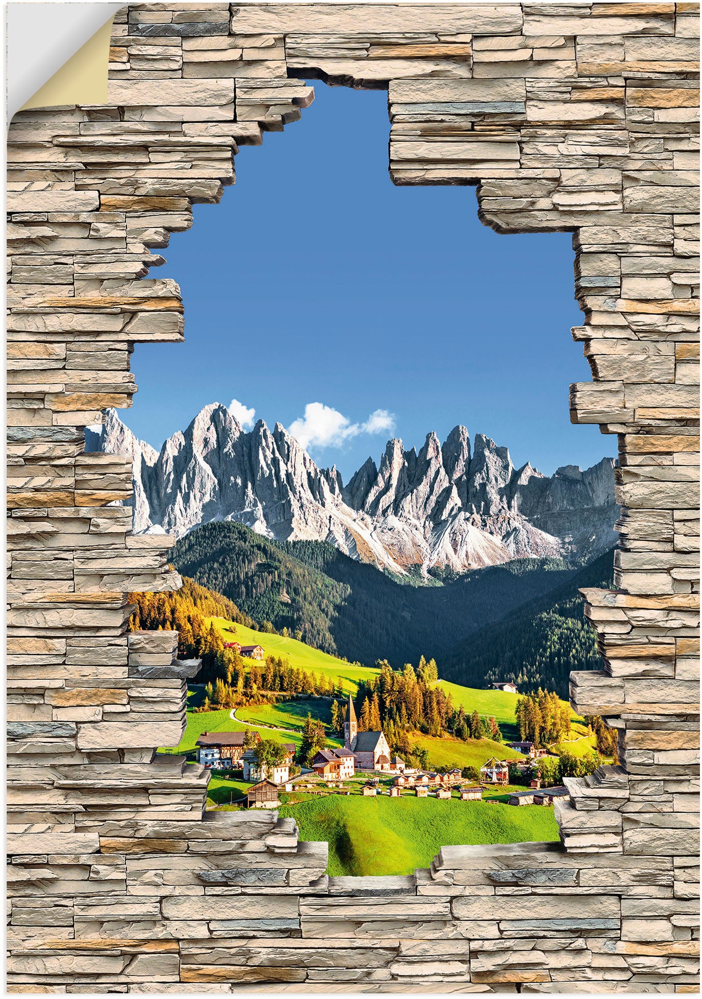 Artland Wandbild »Alpen Berge Santa Maddalena Stein Mauer«, Berge & Alpenbilder, (1 St.), als Alubild, Outdoorbild, Wandaufkleber in verschied. Größen