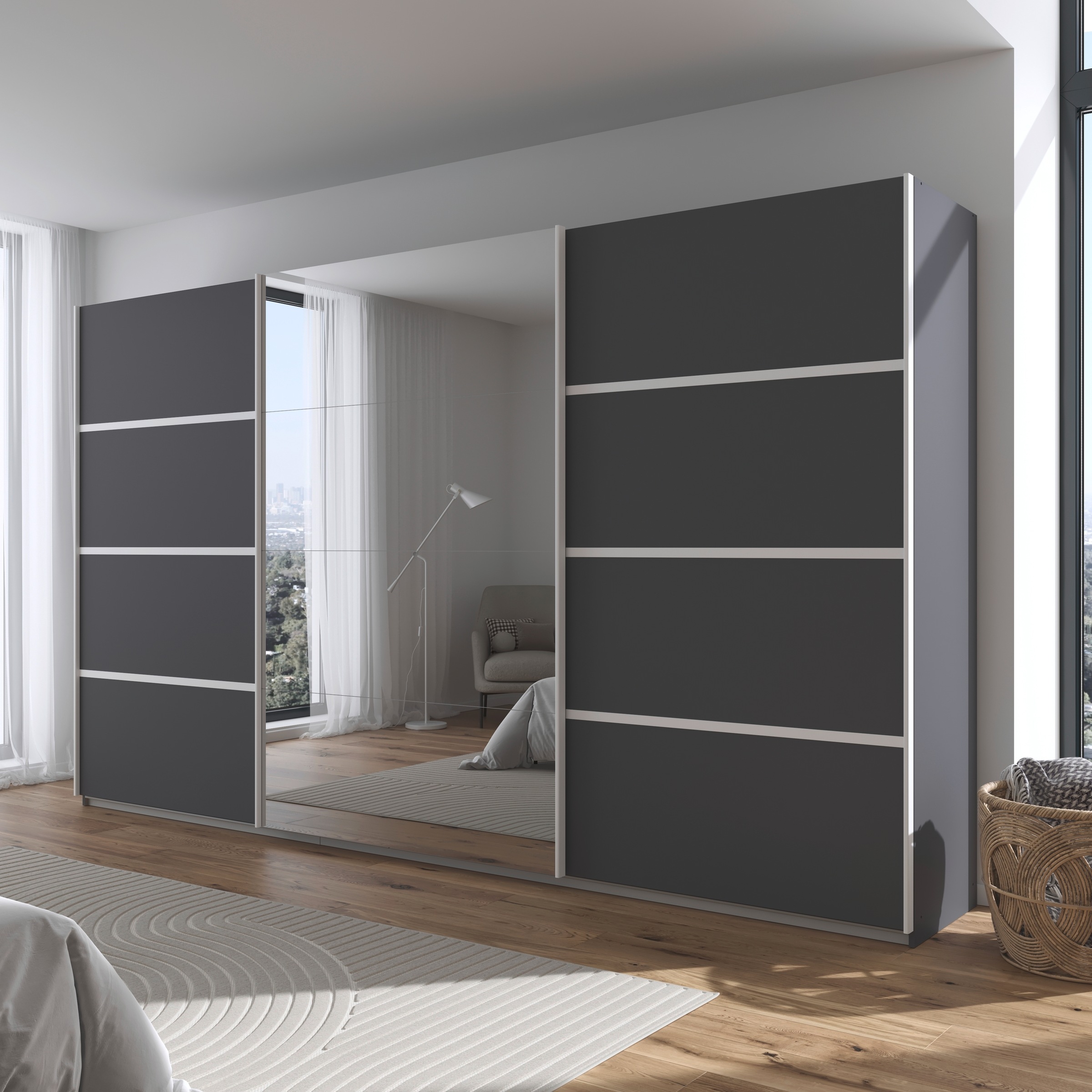 rauch Kleiderschrank »Schwebetürenschrank OTTO´s Choice Garderobe Schrank TOP ANGEBOT Avola«, (in 3 verschiedenen Ausstattungen BASIC/CLASSIC/PREMIUM inkl. Spiegel), mit eleganten Zierleisten in Chrom, Schwarz oder Weiß MADE IN GERMANY