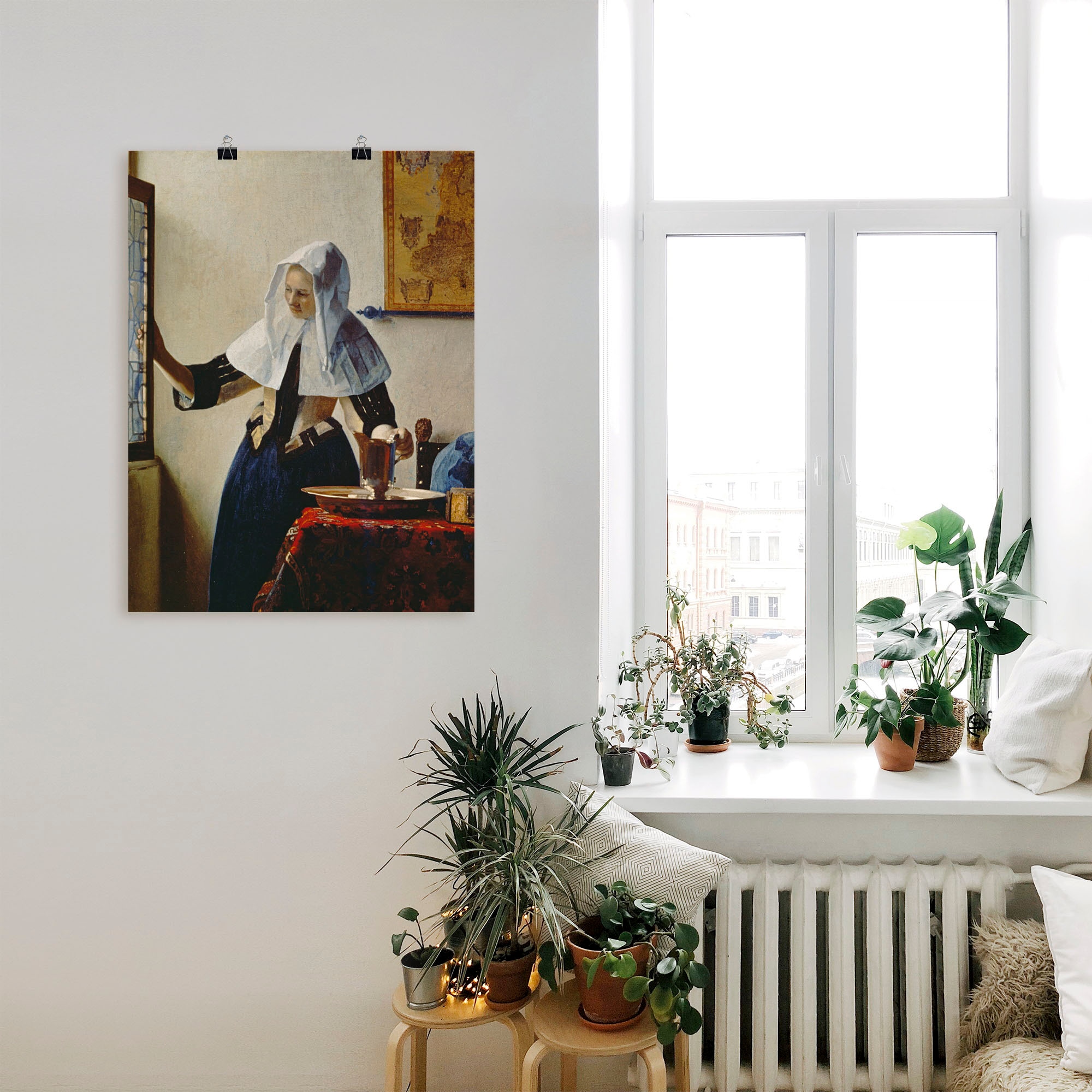 Artland Wandbild »Junge Frau mit Wasserkrug am Fenster«, Frau, (1 St.), als Leinwandbild, Wandaufkleber oder Poster in versch. Größen