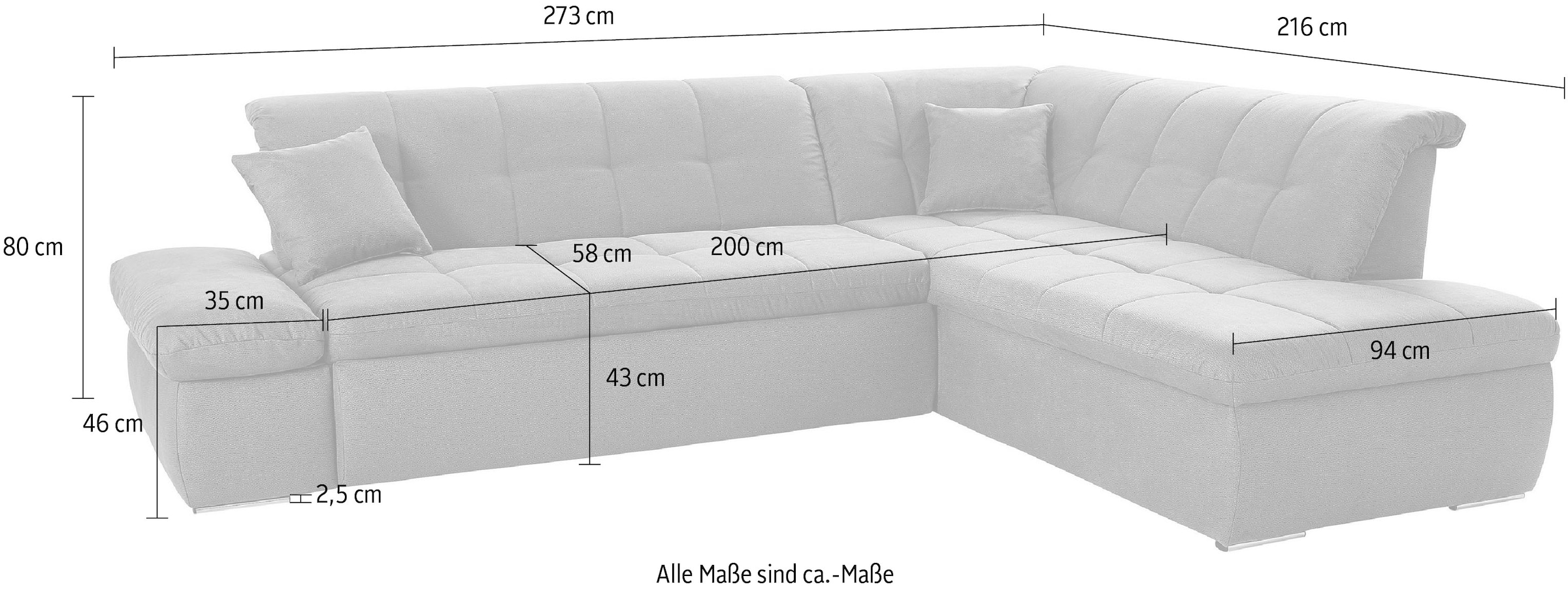 DOMO collection Ecksofa »NMoric incl. Zierkissen B/T/H:  273/216/80 cm L-Form« Ottomanen-Abschluss, wahlweise mit Bettfunktion und Armlehnverstellung