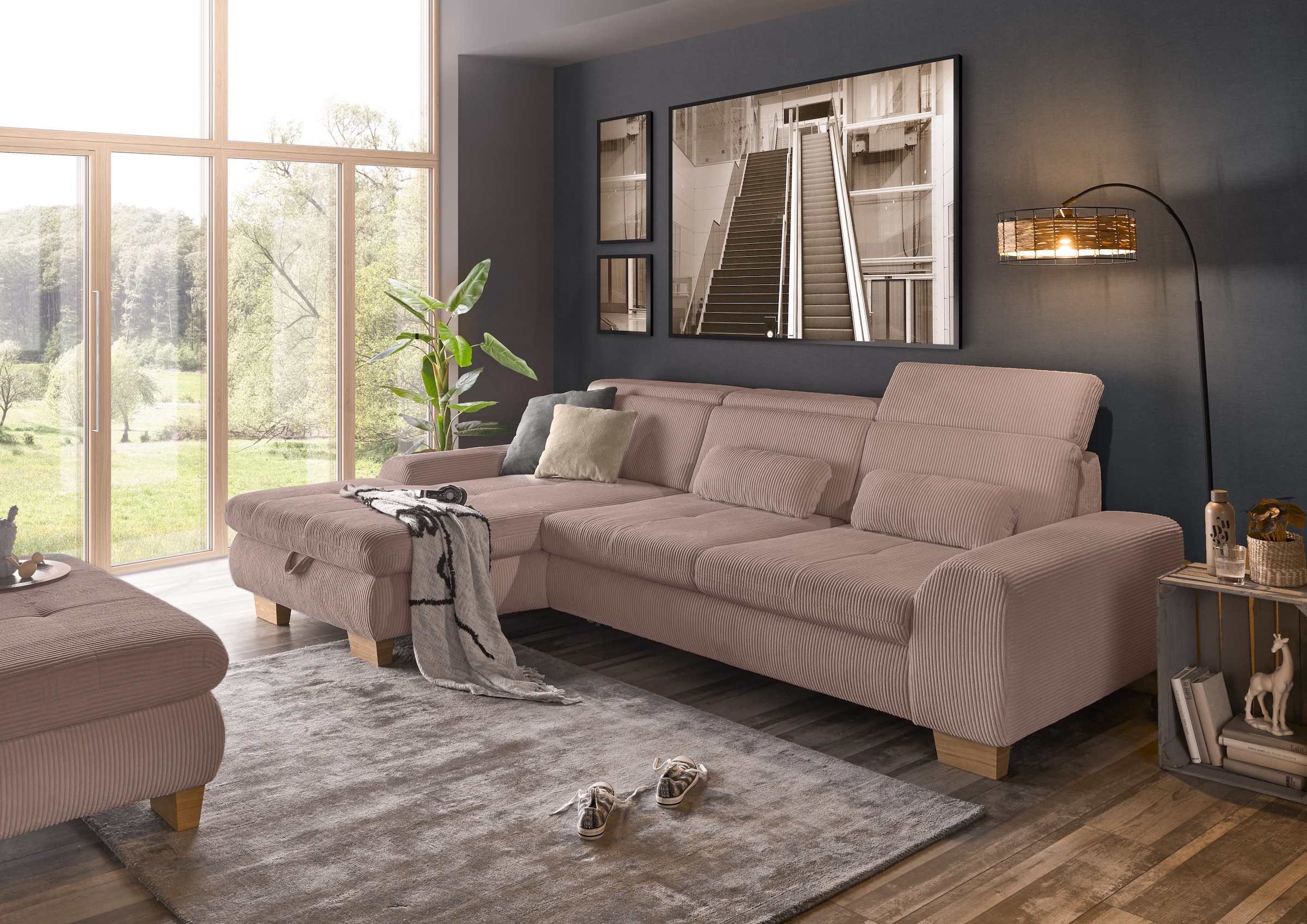 set one by Musterring Ecksofa whlw. mit Funktion, Kaltschaum, in Cord, rose, Sitzhöhe 49