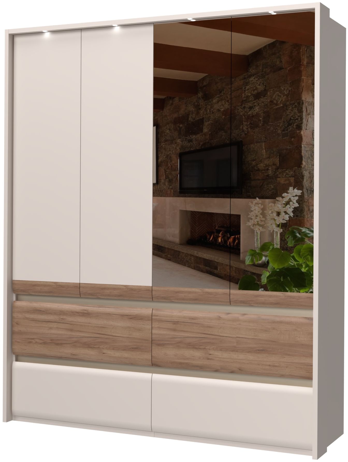 PLACES OF STYLE Kleiderschrank »Invictus, UV lackiert, FSC-zertifiziert, grifflose Optik« abgerundete Schubladen aus MDF im Holzdekor, soft-close,  mit Beleuchtung und Spiegel, in 4 Breiten, hoher Schrank (226cm)