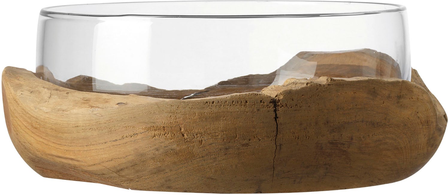 Schale »TERRA«, aus Glas, 28 cm mit Teaksockel, Kalk-Natron-Glas, handgefertigt