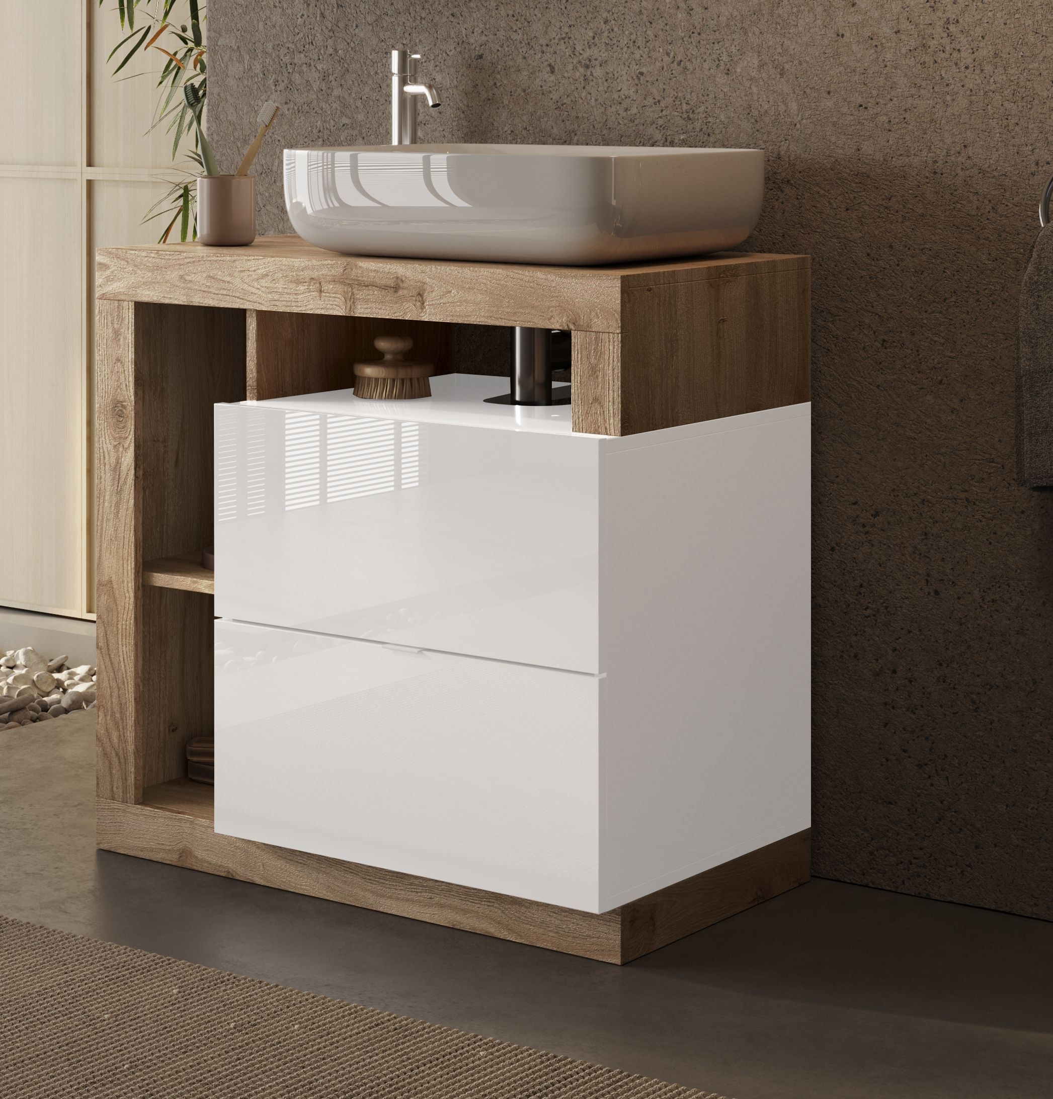 welltime Waschtisch »Hamburg« 2 Schubkästen, Breite 79 cm, Soft-Close, inkl. Keramik-Aufsatzbecken
