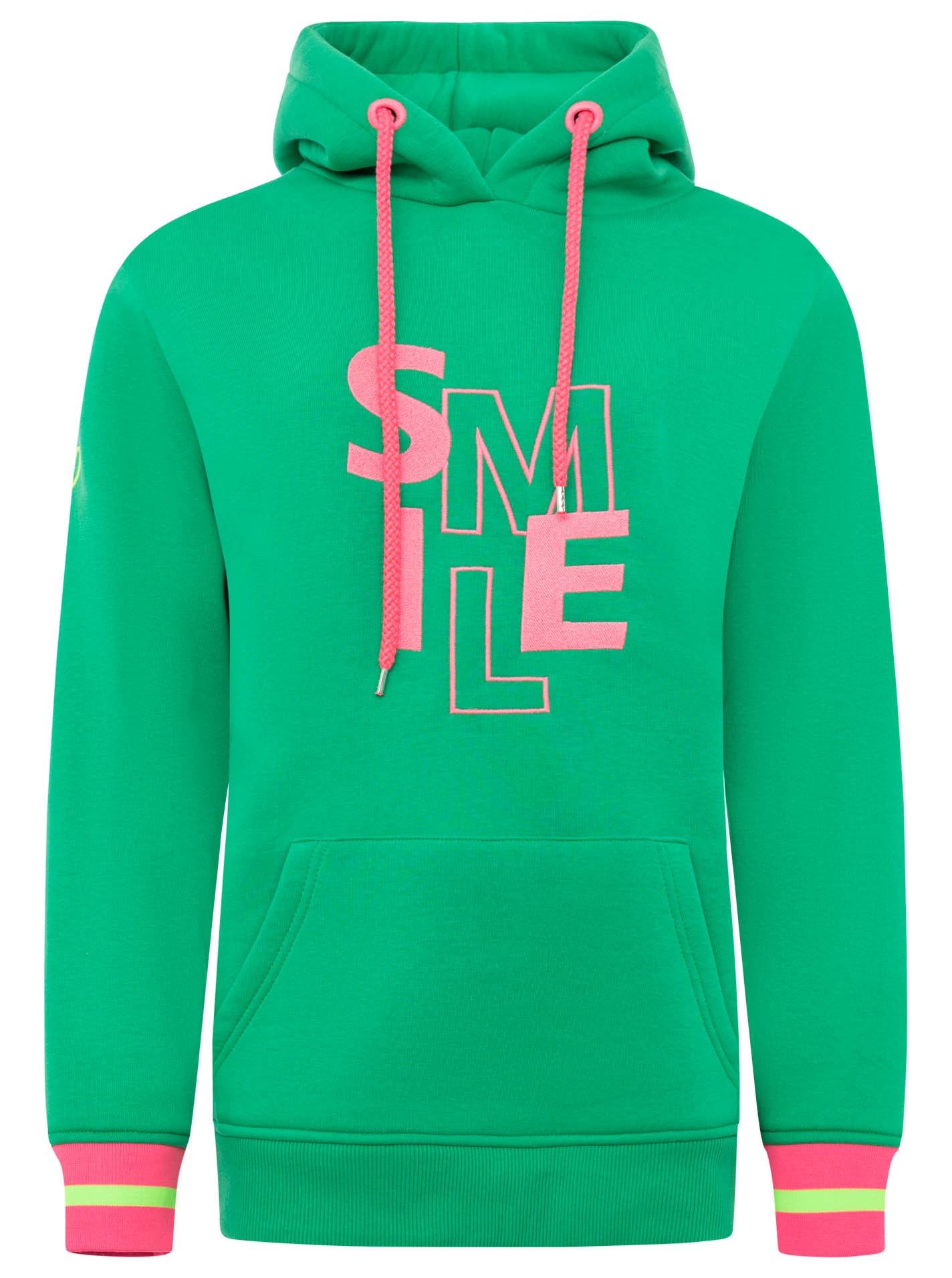 Zwillingsherz Hoodie »"SMILE"«, große Stickerei, gestreifte Bündchen, Fronttasche, Kapuze
