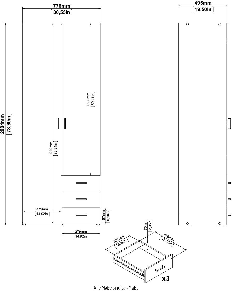 Home affaire Kleiderschrank, Mit viel Stauraum, graue Stangengriffe, Gr. ca. 200,4 x 77,6 x 49,5 cm