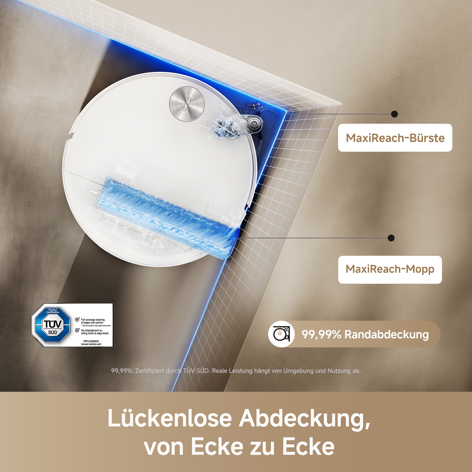 Mova Saugroboter »S70 Roller, Saugroboter mit 28.000Pa Saugkraft und HydroForce-Wischen,« MaxiReach-Technologie, CovertSense-Navigation, 90mm Flaches Gehäuse