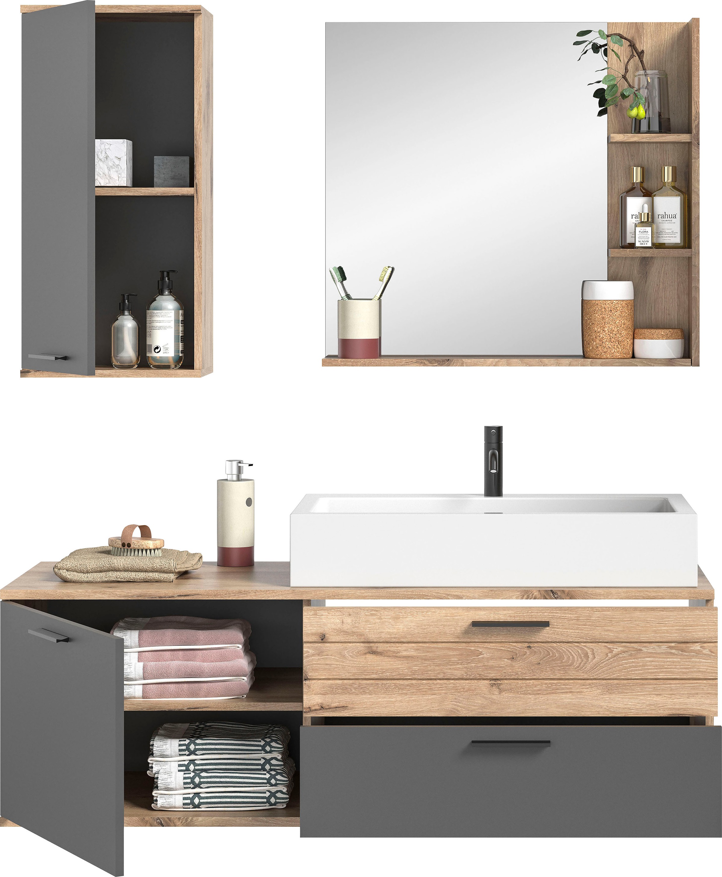 INOSIGN Badmöbel-Set »Riga, 3 teilig, inklusive Keramik-Aufsatzwaschbecken, bestehend aus:«, (Set, 3 St.), Waschtisch-Set, Hängeschrank, Badspiegel