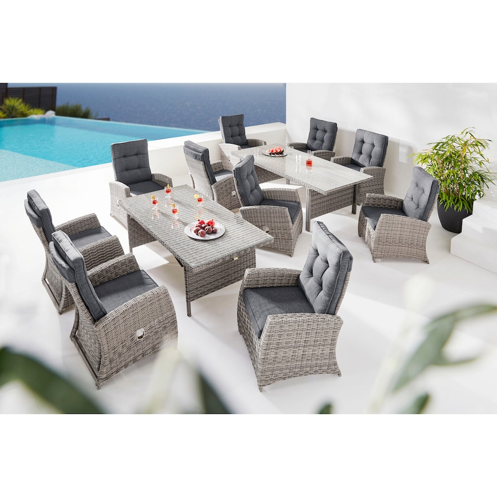 KONIFERA Garten-Essgruppe »Monaco«, (Set, 31 tlg., 10x Sessel, 1xTisch 200-366x100x75,5cm, inkl. Auflagen, Polyrattan,Alu)