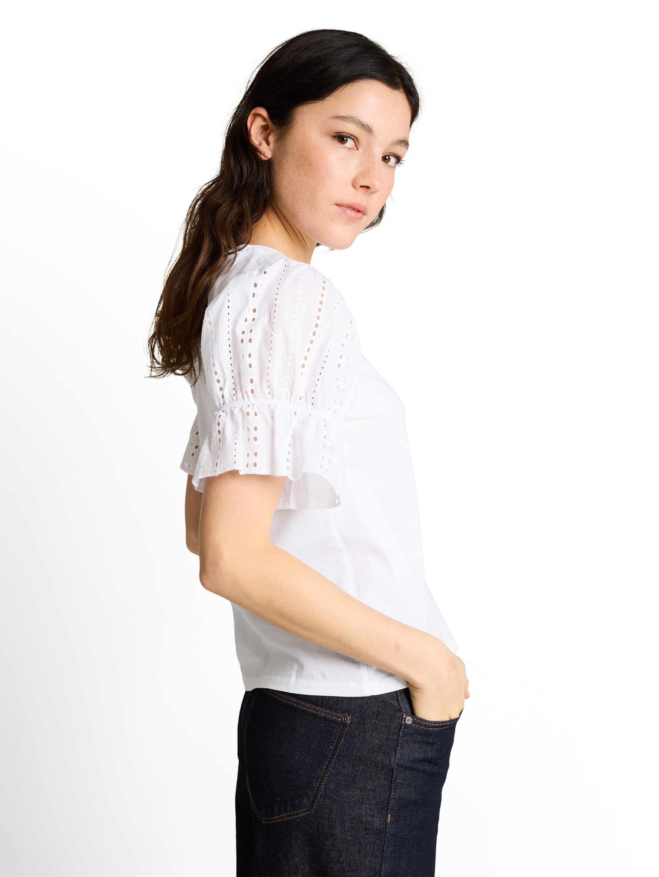 TOM TAILOR Denim Rundhalsshirt Sommershirt mit Häkel-Ärmel