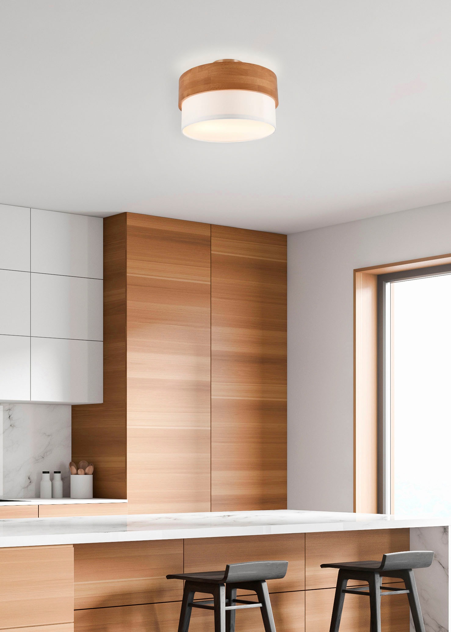 TRIO Leuchten Deckenleuchte »Seasons«, 2 flammig, Leuchtmittel E14 | ohne Leuchtmittel, Deckenlampe Holz mit Stoffschirm Ø30cm exkl 2xE14 max 40W