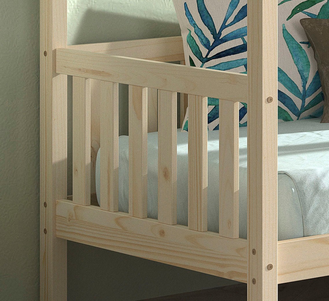 Vipack Hausbett »Cabane, mit Dachaufbau und Sprossenumrandung in Landhaus-Optik«, (B/H/T ca. 208x169x98 cm) aus massiver Eiche, Oberfläche Natur), sehr stabil und standfest gebaut inkl. Massivholz Rolllattenrost