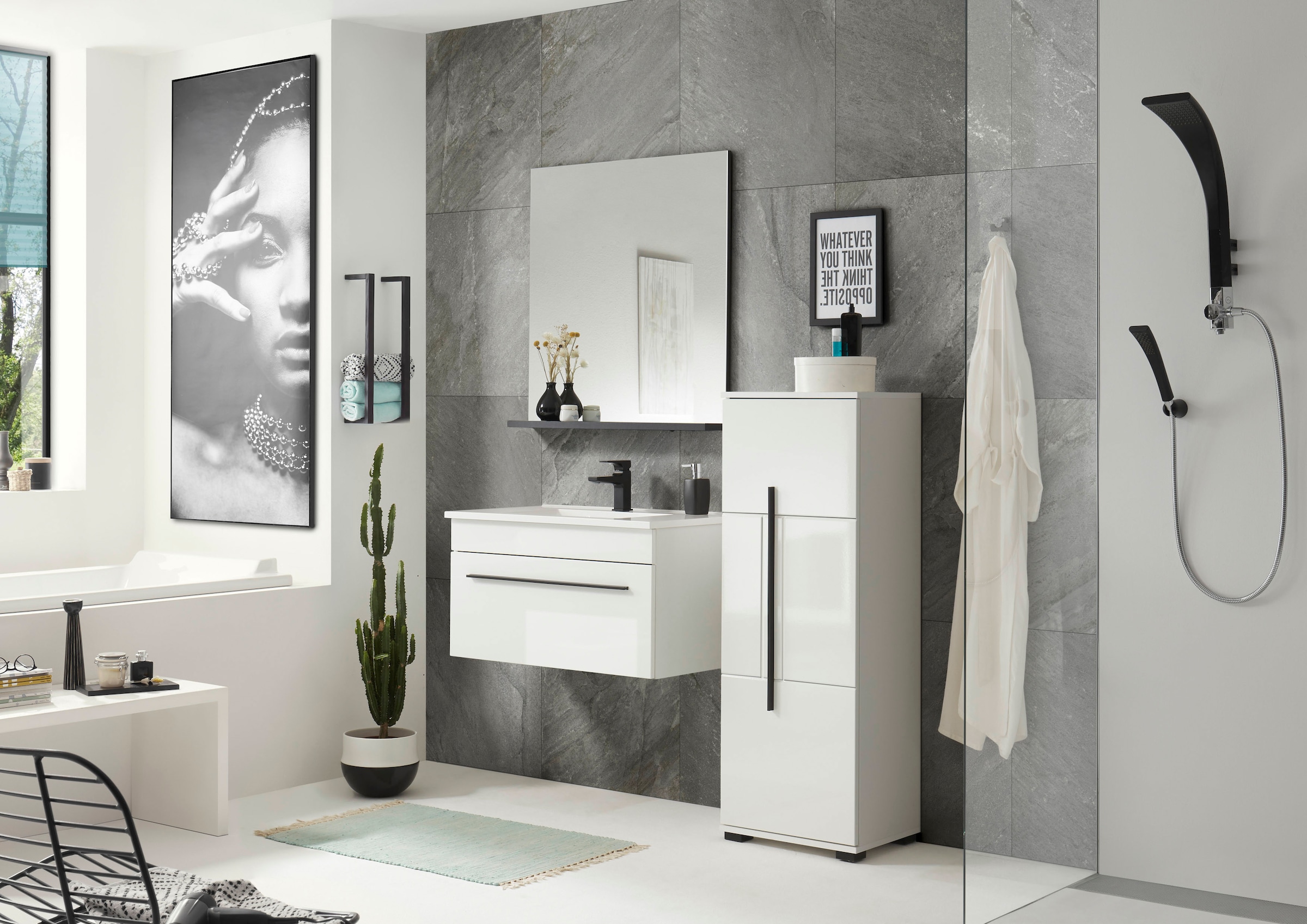 INOSIGN Badmöbel-Set »Cantara, Bad im modernen Design, 3-teiliges Badezimmer«, (Set, 3 St.), Waschtisch, Schrank und Spiegel, in Weiß Hochglanz, viel Stauraum