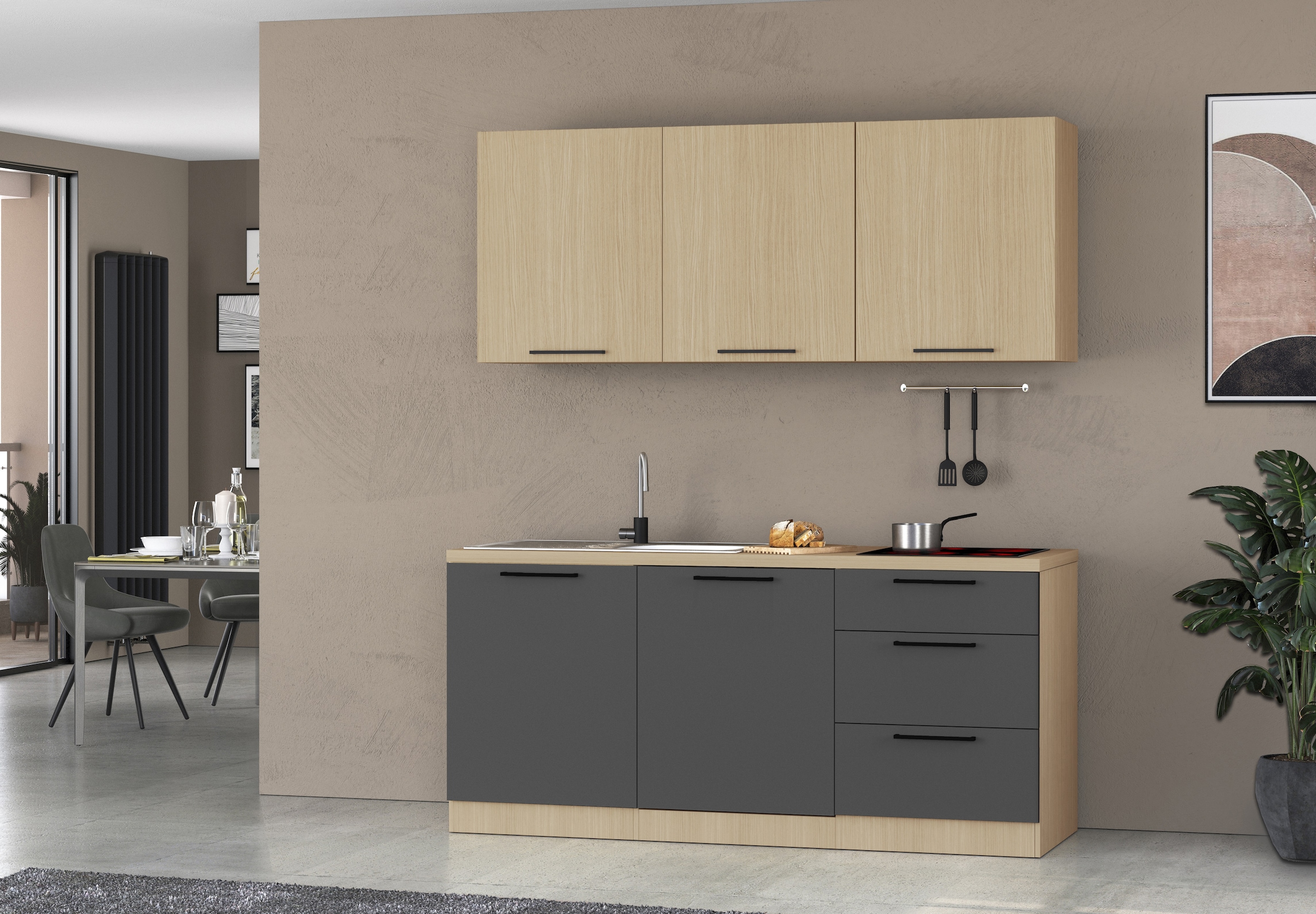 KOCHSTATION Küchenzeile »Luna, Küchenzeile mit Spüle + Siphon, ohne E-Geräte« Breite 182 cm,Türen mit Soft-Close Funktion, Metalgriffe,Made in Italy