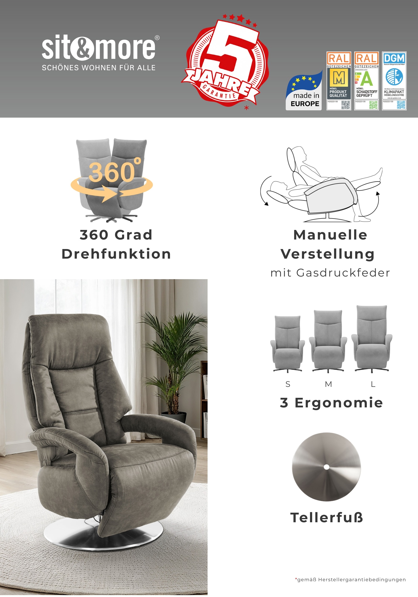 sit&more TV-Sessel »Enjoy« in Grösse S, oder M , oder L , wahlweise mit Motor und Aufstehhilfe